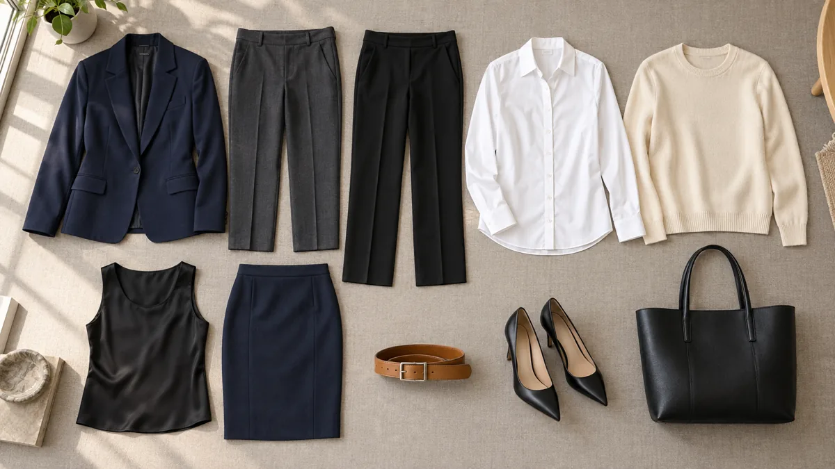 An overhead flat-lay of ten workwear pieces arranged on a warm-grey linen surface: navy blazer, dark grey trousers, black trousers, white shirt, cream knit, black silk shell, navy pencil skirt, camel belt, black pumps and black leather tote