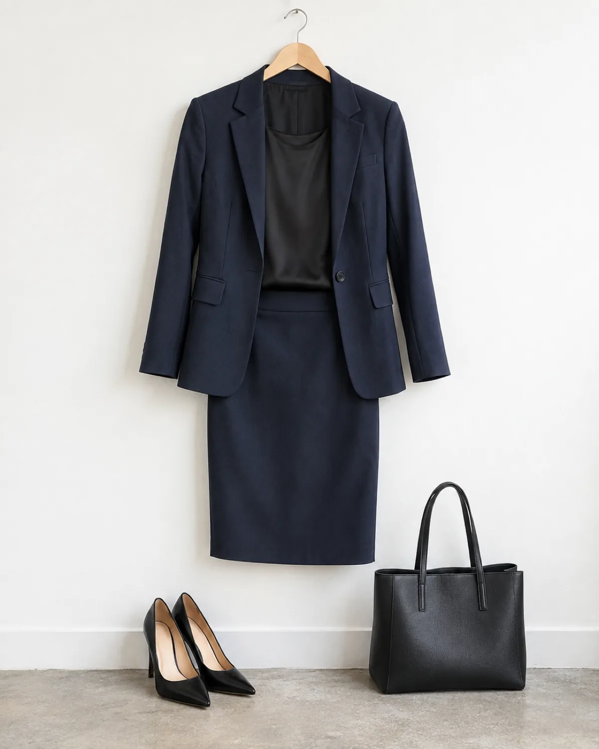 A navy single-breasted blazer over a black silk shell layered with a navy pencil skirt, arranged on a wooden hanger against a white wall, with black pointed-toe pumps on the floor below and a black leather tote beside them