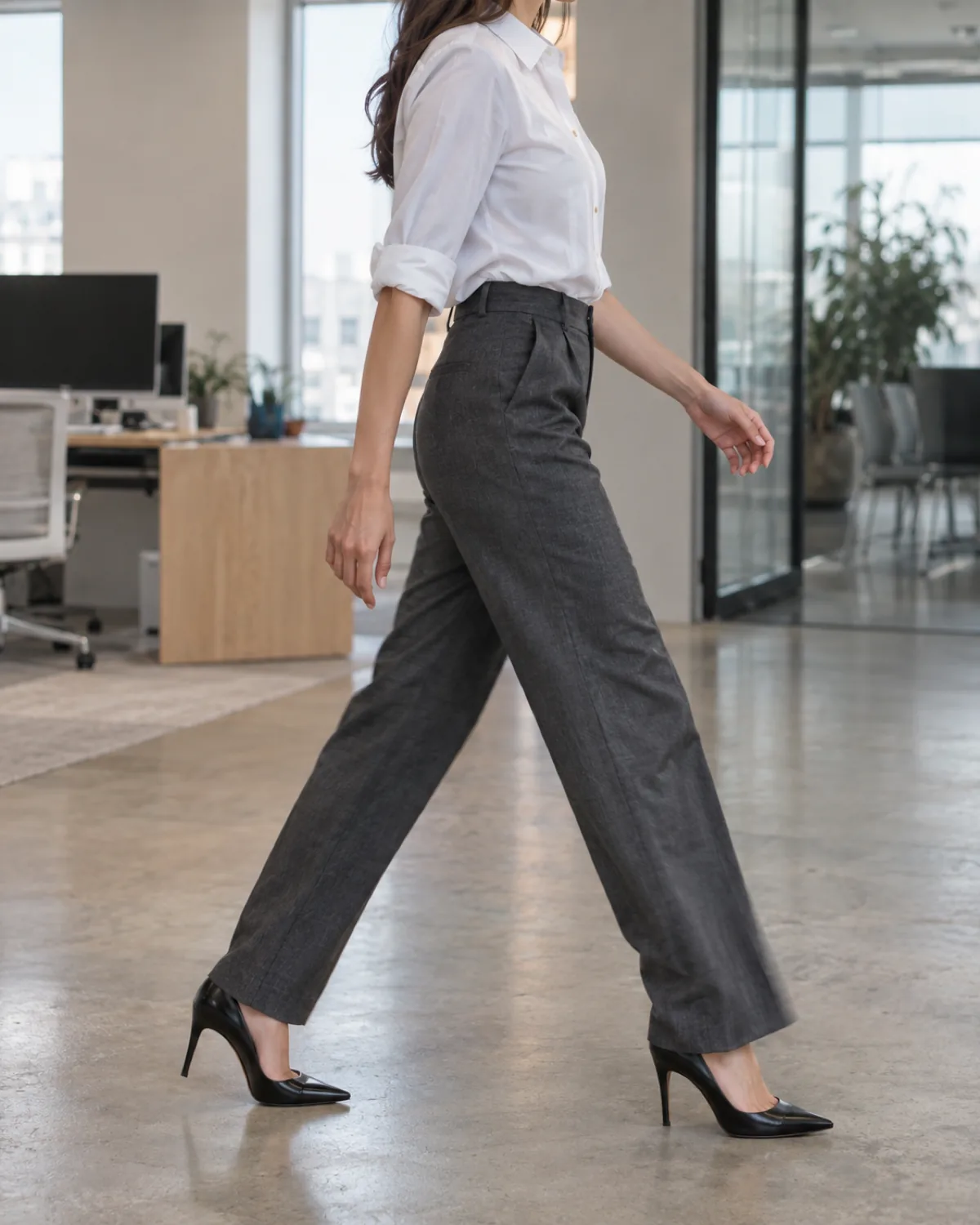 A woman walking mid-stride from a side angle through a modern office wearing a white button-front shirt with sleeves rolled to the elbow and dark grey straight-leg trousers with black pointed-toe pumps