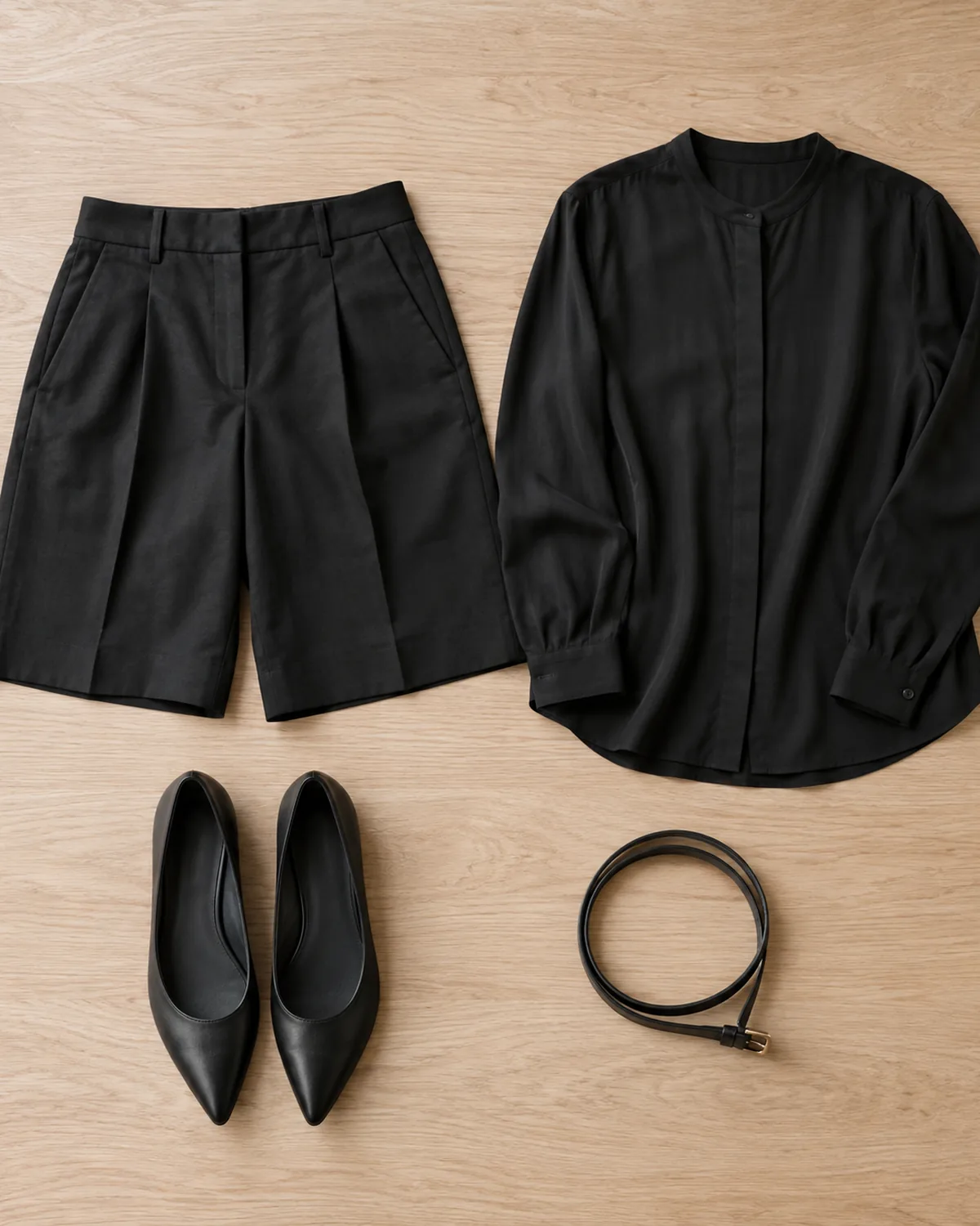 A flat-lay on a pale oak desk showing black tailored bermuda shorts, a black collarless blouse, black leather pointed-toe flats and a thin black leather belt