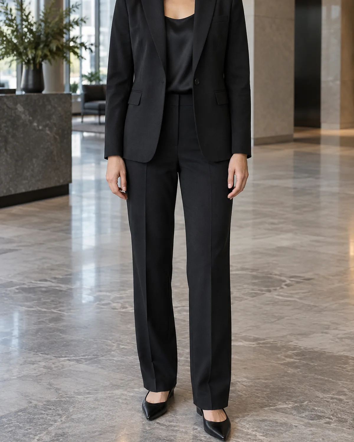 A woman standing in an office lobby wearing black straight-leg trousers, a black single-breasted blazer and a black silk shell, with black pointed-toe flats