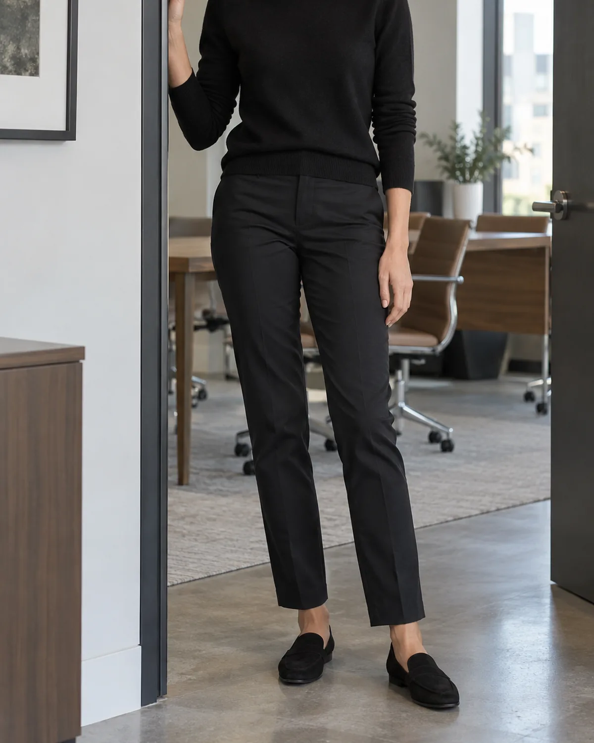 A woman standing in a doorway of a modern office wearing black slim-straight chinos and a black mock-neck sweater with black suede loafers, one shoulder leaning against the door frame