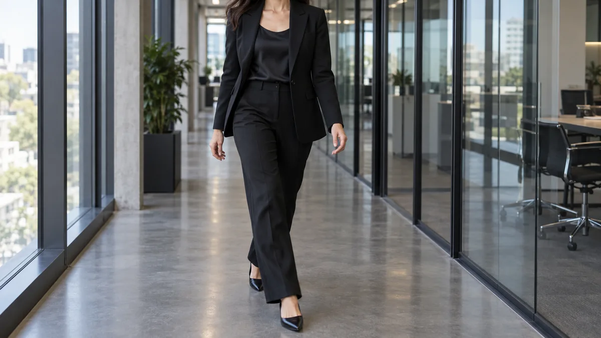 A woman walking mid-stride through a modern office corridor wearing a black single-breasted blazer over a black silk shell with black straight-leg trousers and black pointed-toe flats