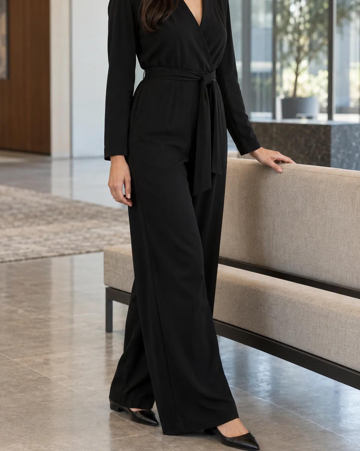 A woman in an office lobby near a low bench wearing a black wide-leg jumpsuit with a V-neckline and a self-belt tied at the waist, with black pointed-toe flats