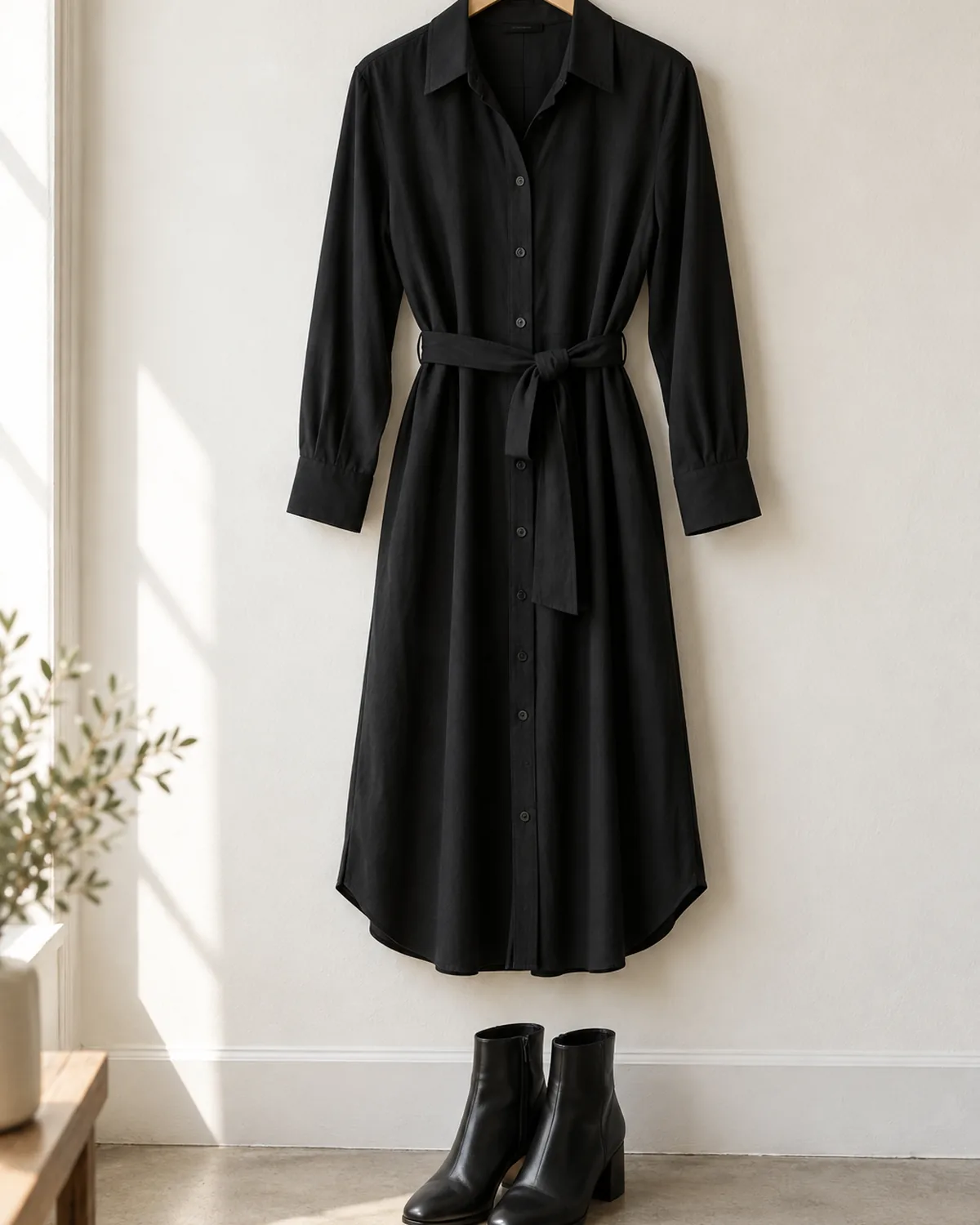 A black shirt dress with a collar, button-front placket, long sleeves and a self-belt hanging on a wooden hanger against an off-white wall, with black leather ankle boots placed on the floor below