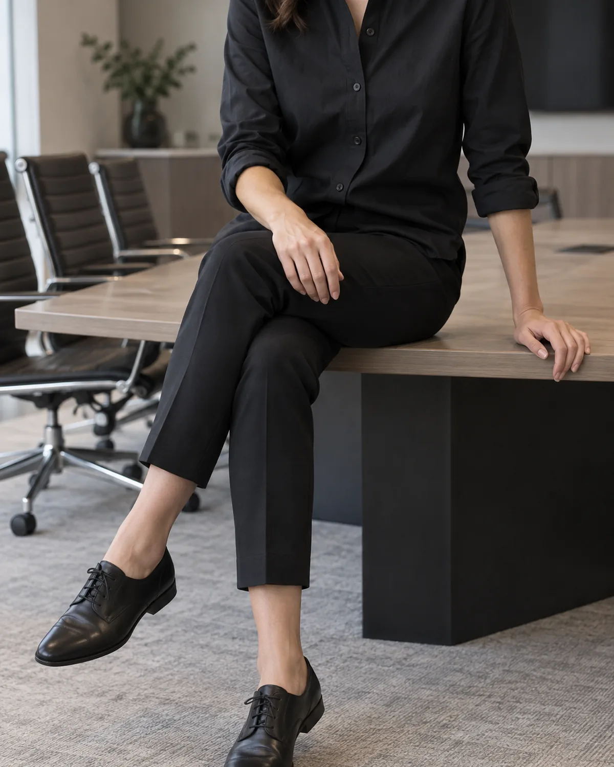 A woman seated at the edge of a conference room desk wearing black tapered ankle trousers and a black cotton poplin button-front shirt with rolled cuffs, with black leather oxford flats