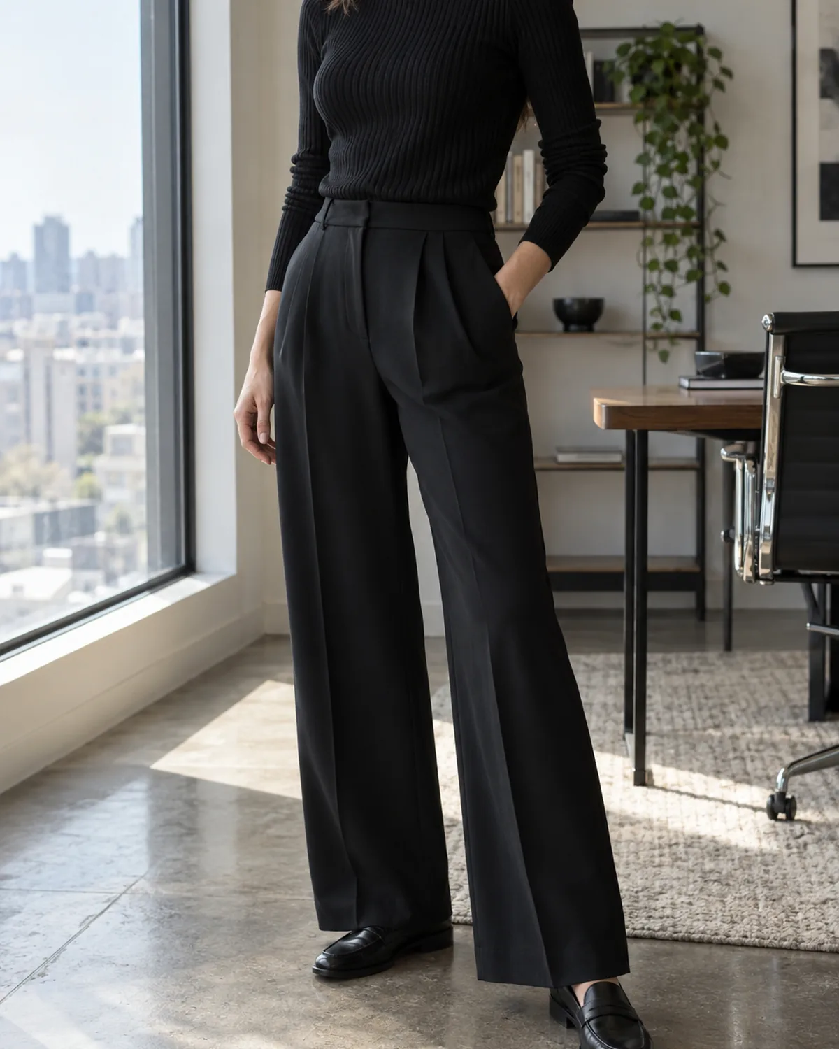 A woman standing near a window in an office wearing black wide-leg trousers and a black ribbed knit turtleneck with black leather loafers