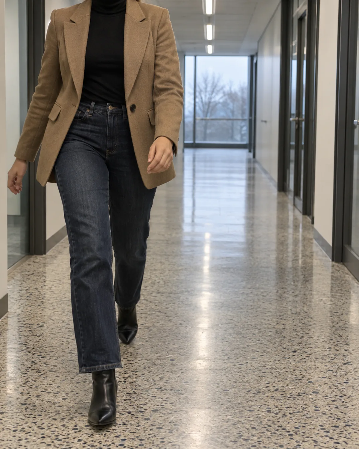 A woman walking mid-stride through an office corridor with a terrazzo floor wearing a camel single-breasted blazer over a black slim turtleneck and dark wash straight-leg jeans with black pointed-toe ankle boots and grey winter sky through the window