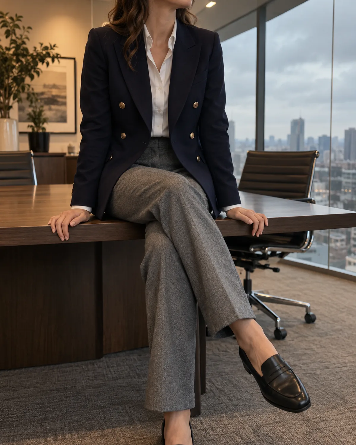 A woman seated at the edge of a desk in a glass-walled meeting room with legs crossed wearing a navy double-breasted blazer with gold-tone buttons over a white button-down shirt and grey flannel trousers with black leather loafers and an overcast sky through the glass wall