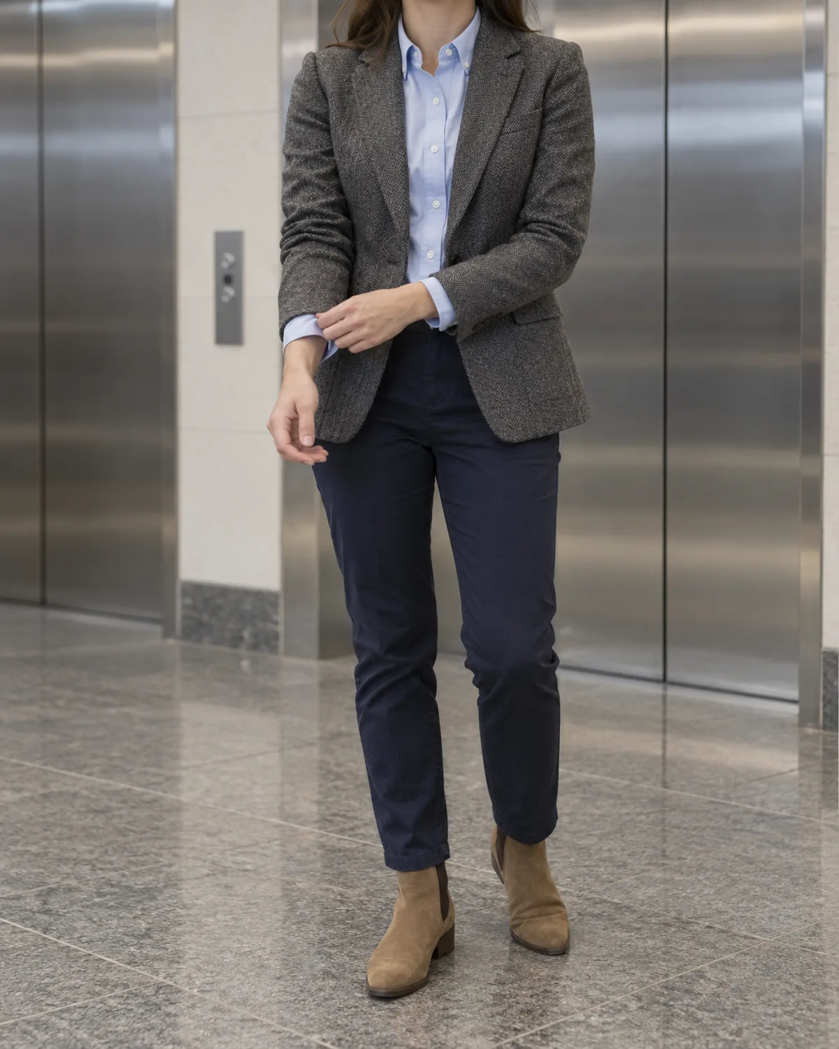 A woman cropped from chin to knee standing in an elevator lobby with stainless steel elevator doors behind her wearing a charcoal herringbone blazer over a light blue Oxford shirt with a button-down collar and navy chinos with tan Chelsea boots adjusting her right shirt cuff with her left hand