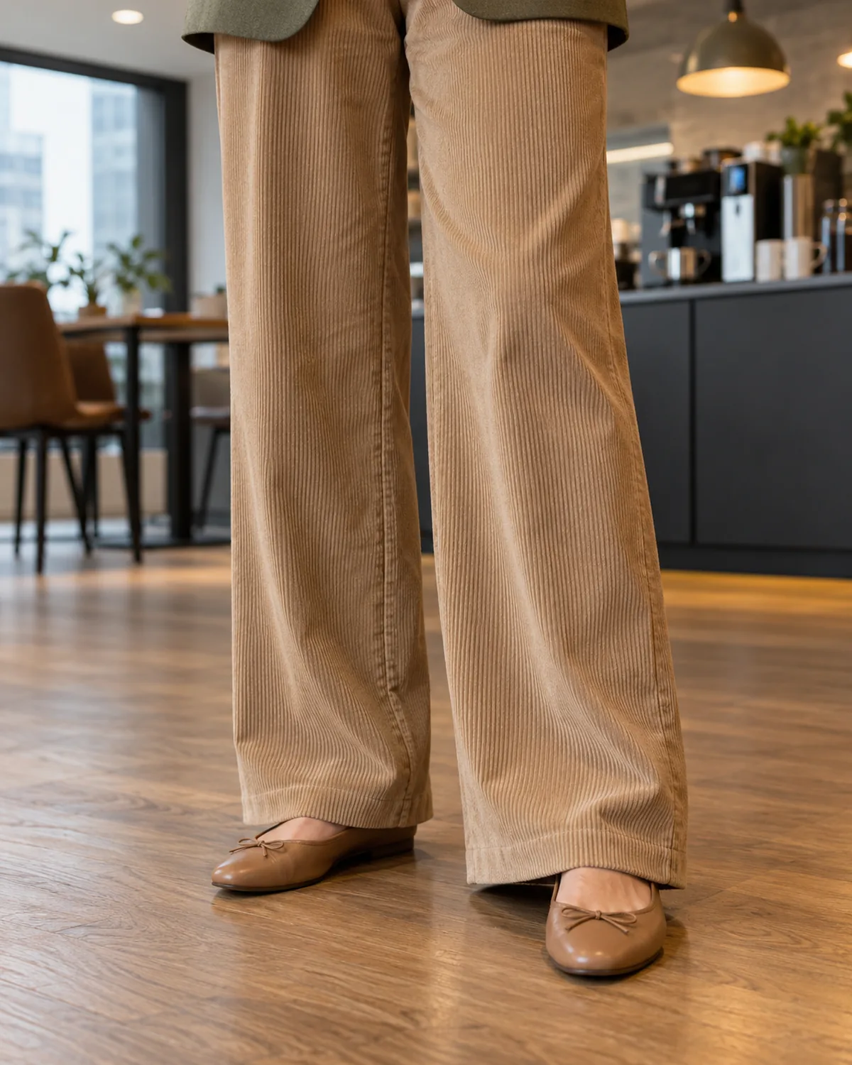 A close crop from mid-thigh down showing tan wide-leg corduroy trousers with visible wales and a clean hem break over tan leather ballet flats with a small bow on the vamp and the olive blazer hem visible at the top of the frame in an office break area with a wooden floor and coffee machine in soft focus
