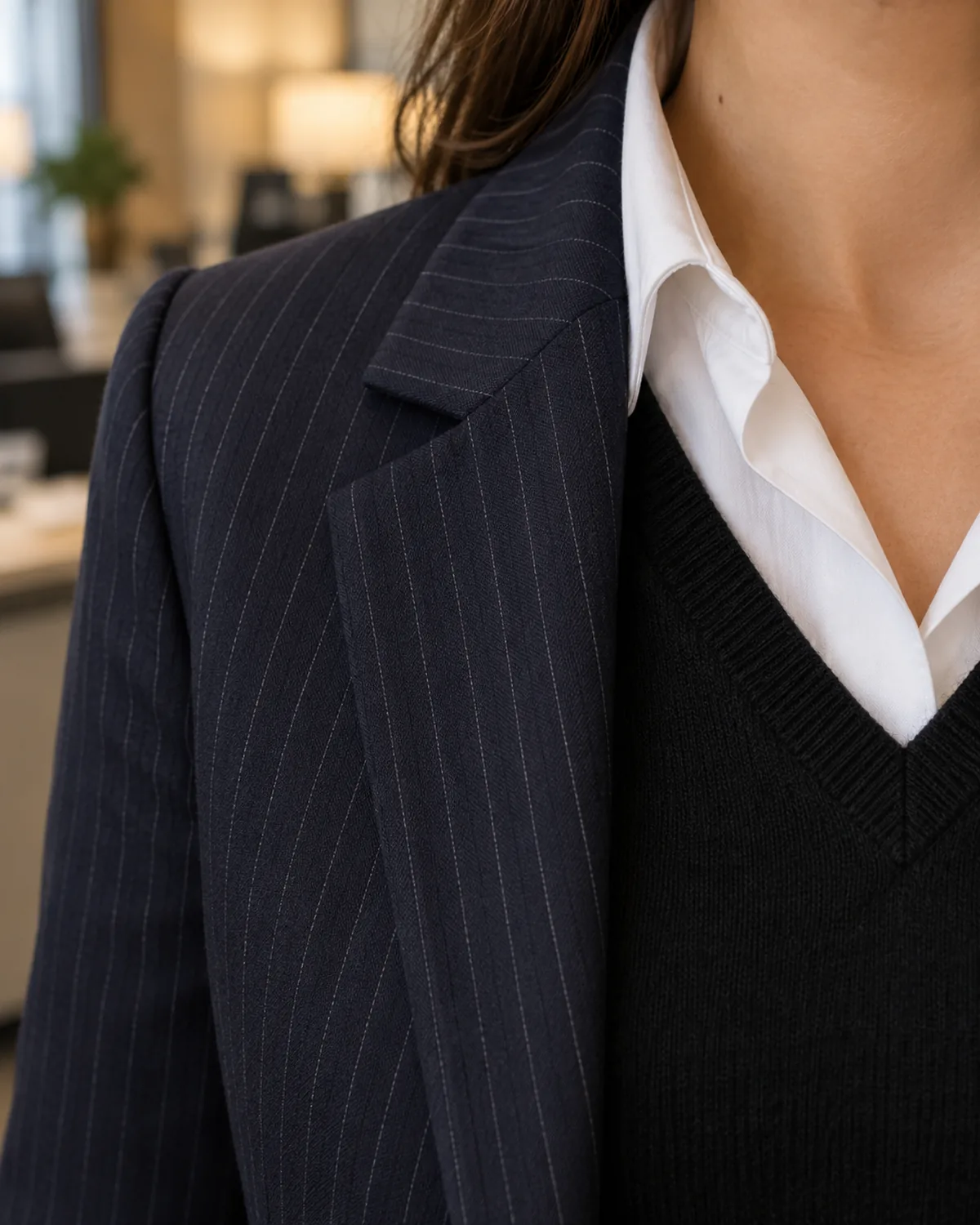 A close crop showing the shoulder collar and lapel area of a woman wearing a dark navy pinstripe blazer with a notch lapel over a black cashmere V-neck sweater with a white shirt collar peeking above the V-neckline against a blurred warm office background