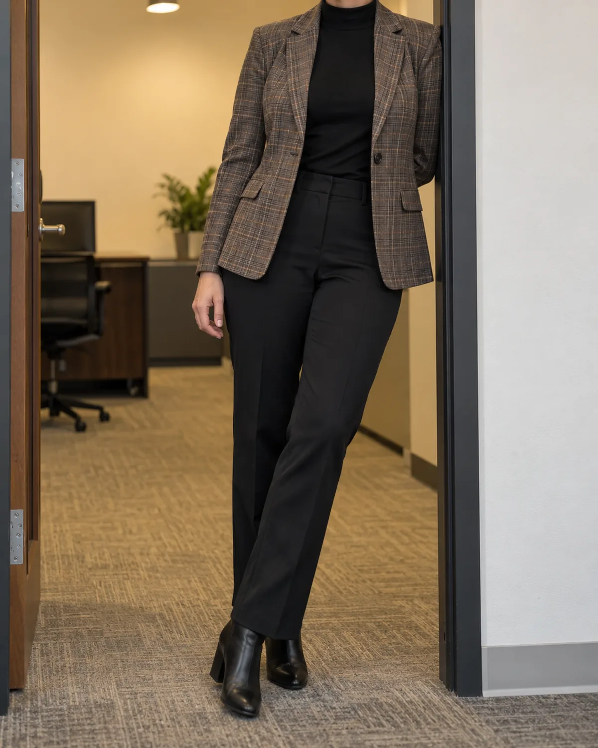 A woman standing in an office doorway leaning her left shoulder against the frame wearing a brown-and-grey plaid single-breasted blazer over a black mock-neck top and tailored black trousers with black block-heel ankle boots and warm ceiling light above