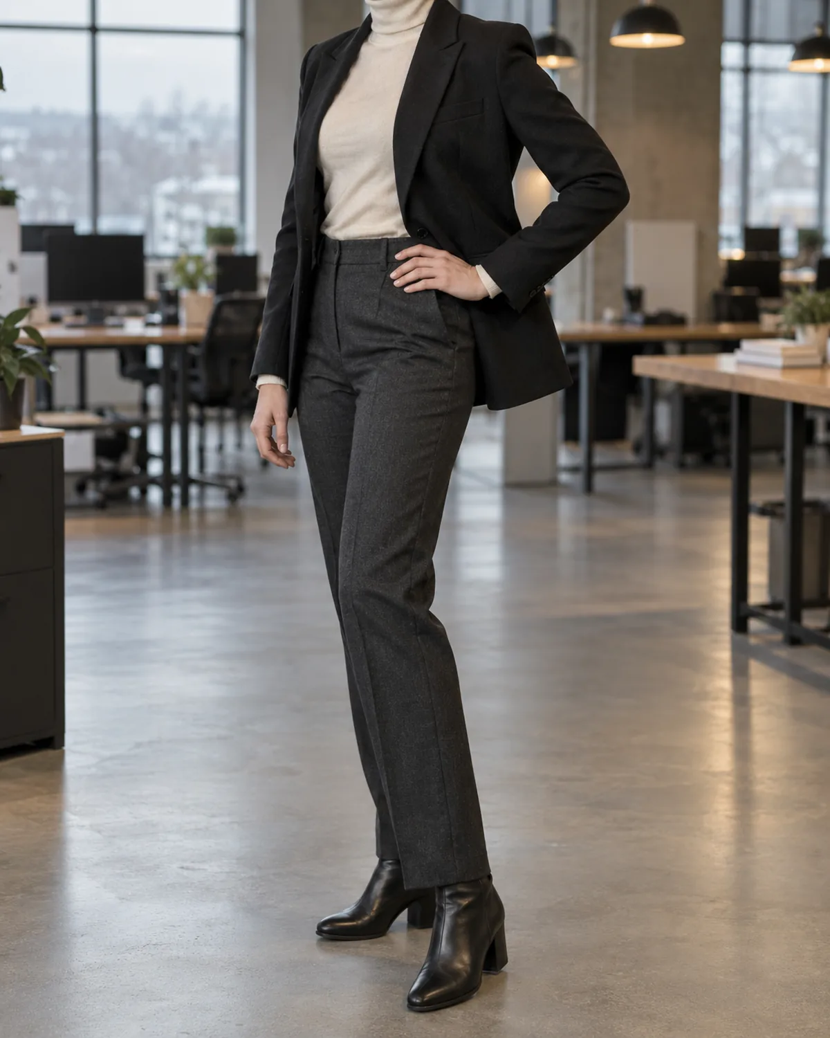 A woman at three-quarter turn in an open-plan office wearing a black wool blazer over an ivory cashmere turtleneck tucked into charcoal wool trousers with a front crease and black leather ankle boots with a low block heel