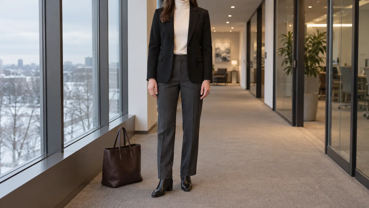 A woman standing straight-on in a modern office corridor wearing a black wool blazer over an ivory cashmere turtleneck and charcoal wool trousers with black ankle boots and a brown leather tote beside her with grey winter sky visible through floor-to-ceiling windows