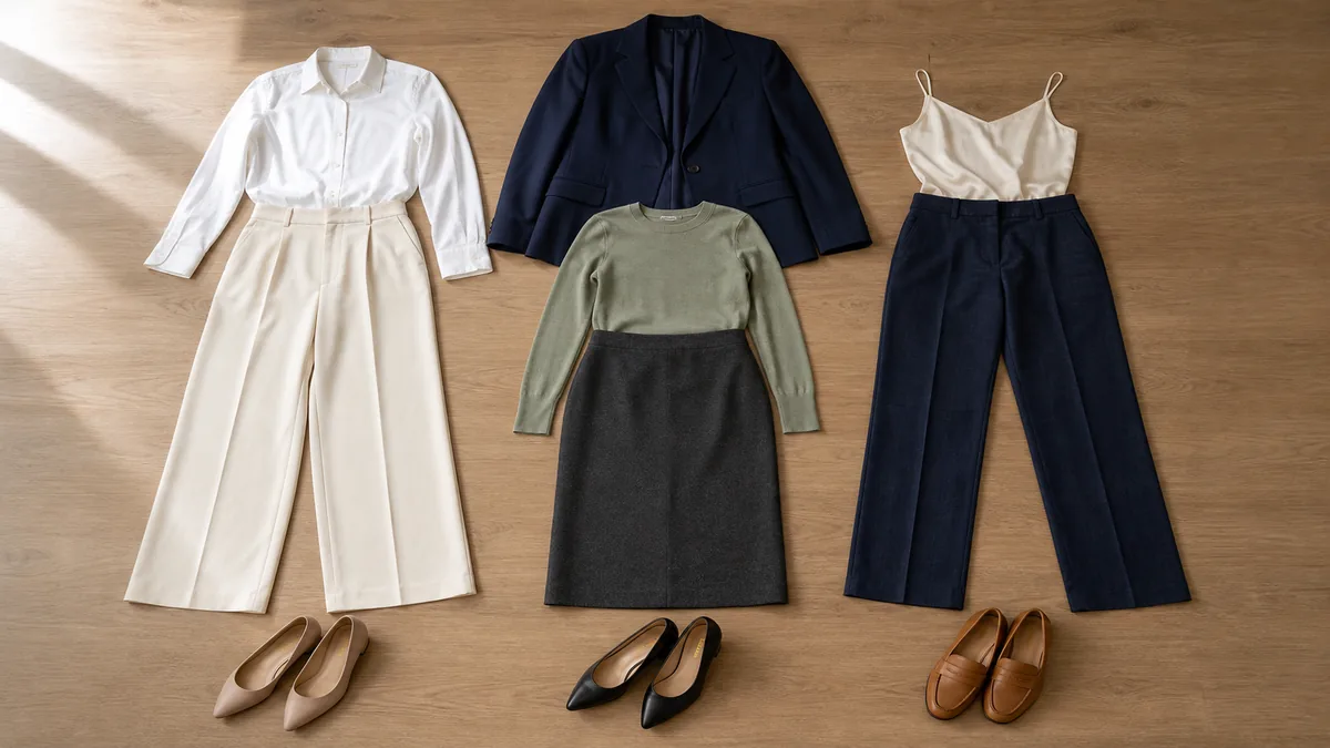 A flat-lay of a navy blazer on a warm oak desk with three outfit pairings fanned around it including ivory wide-leg trousers, a charcoal pencil skirt, and dark trousers with coordinating shoes