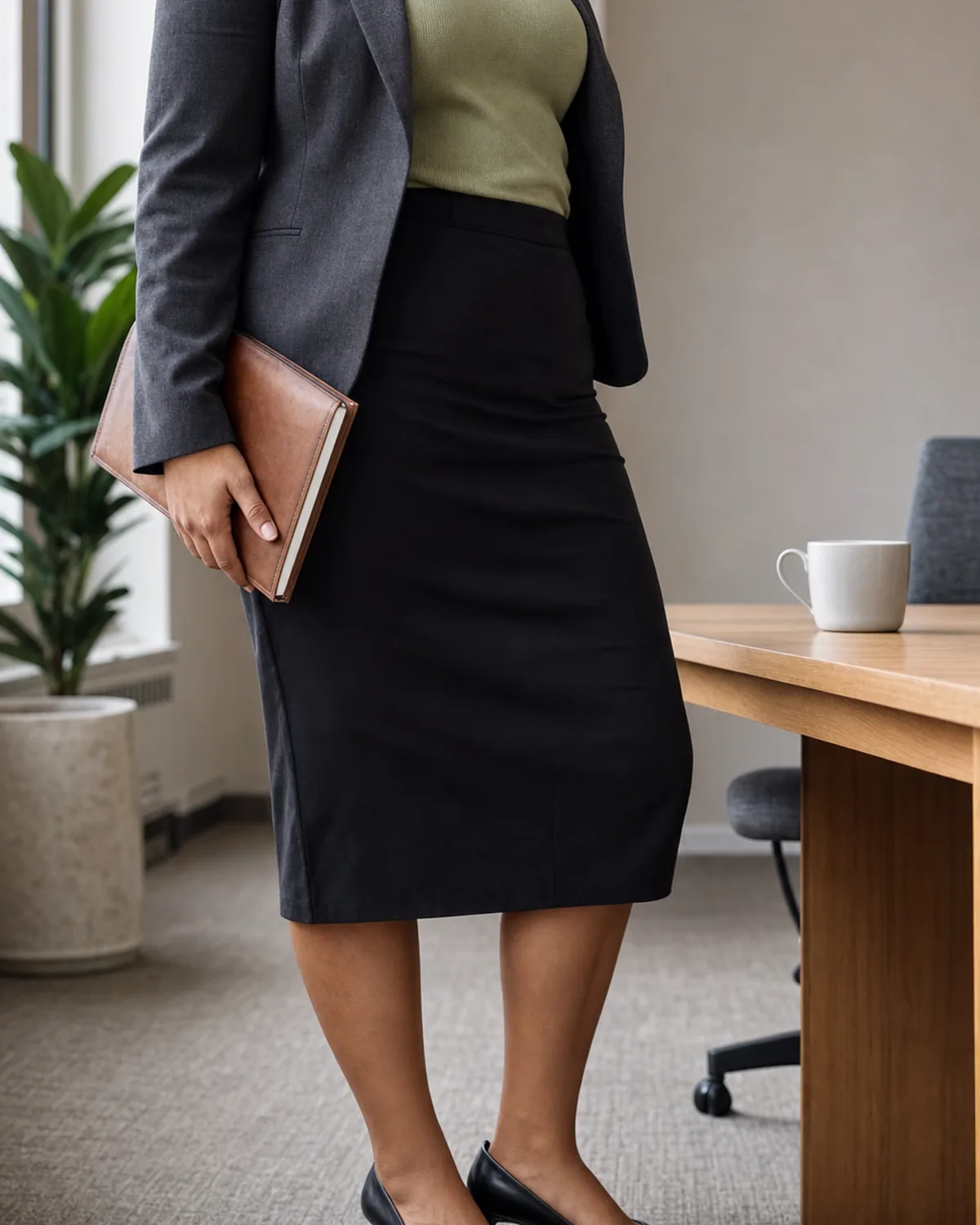 A curvy woman in a charcoal blazer ending at the hip bone over a sage-green knit top tucked into a black midi pencil skirt, holding a leather notebook beside a desk