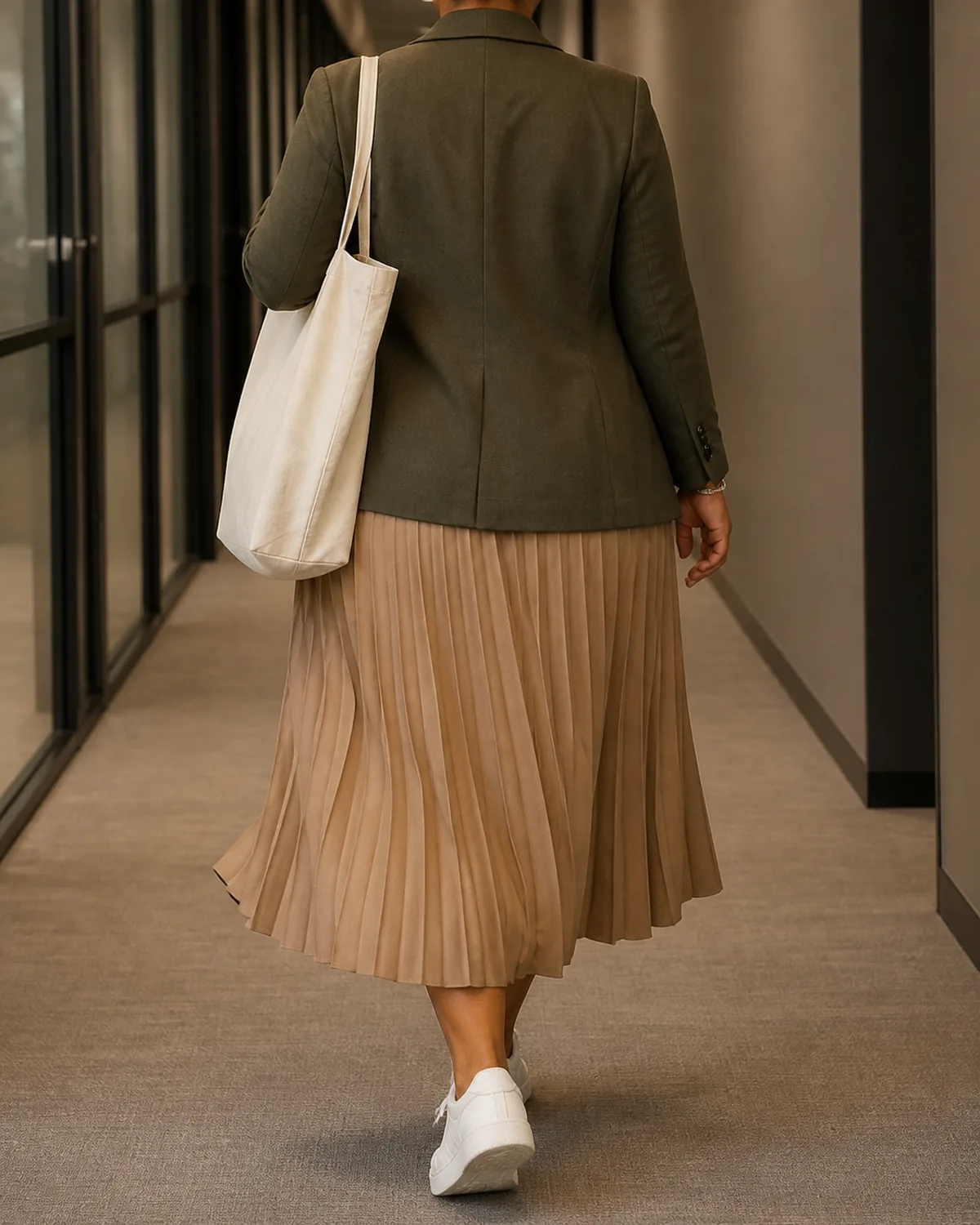 A curvy woman walking away down an office corridor wearing a dark-olive blazer over a white tee with a tan pleated midi skirt and white sneakers, canvas tote bag on shoulder