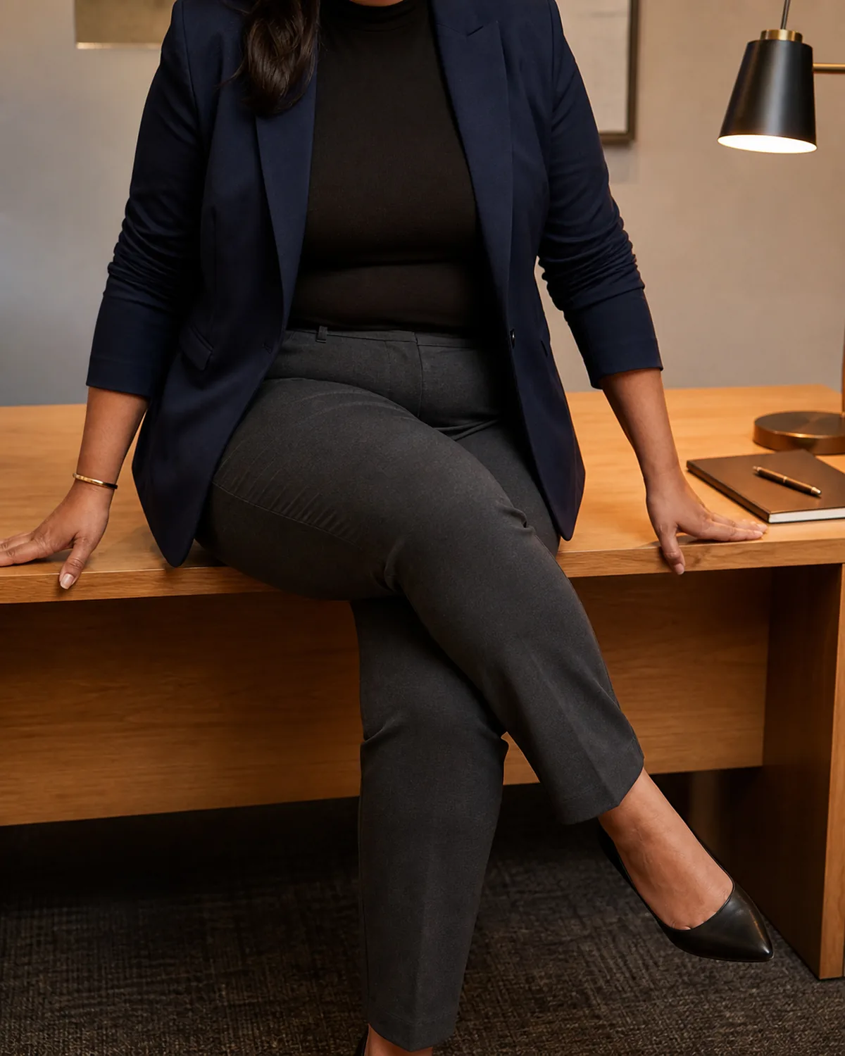 A curvy woman seated at a desk edge with legs crossed wearing a navy blazer over a black mock-neck shell and dark grey ponte trousers with black pointed-toe kitten heels