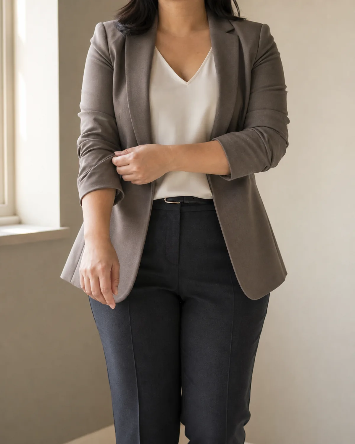 A curvy woman in a taupe blazer over a cream V-neck silk camisole tucked into dark charcoal straight-leg trousers with a thin leather belt, adjusting her blazer cuff