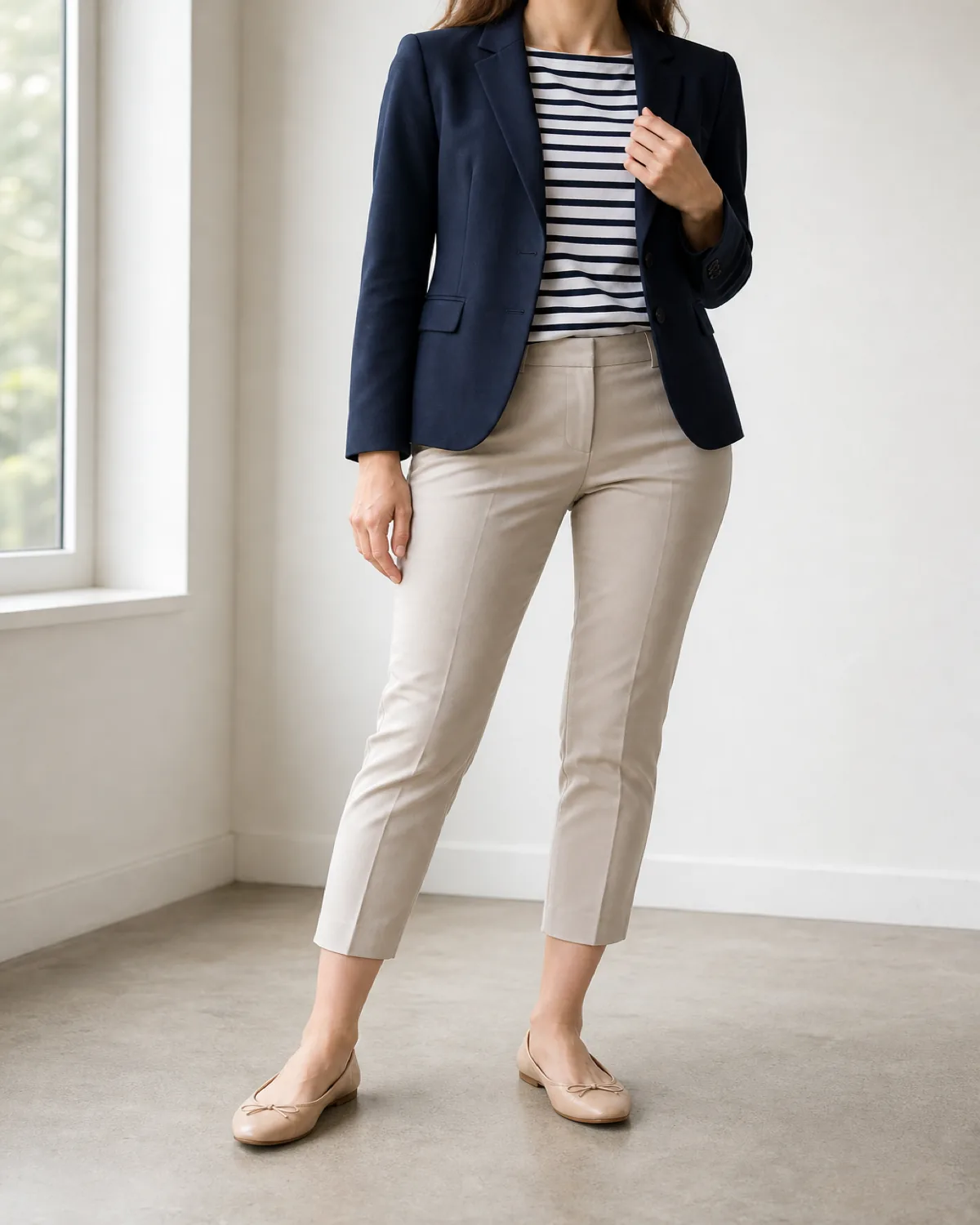 A woman in a navy blazer over a navy-and-white striped Breton tee with stone cropped trousers and nude ballet flats