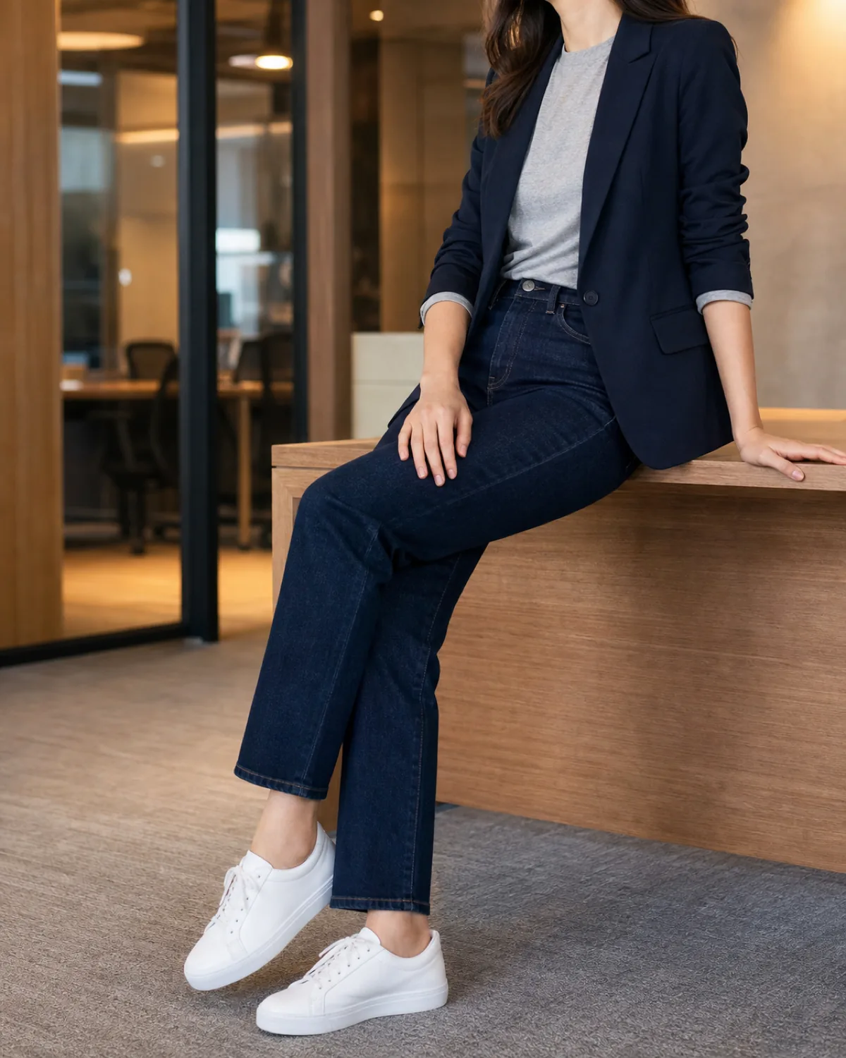 A woman seated on a desk edge in a navy blazer over a grey crew-neck tee with dark indigo straight-leg jeans and white leather sneakers