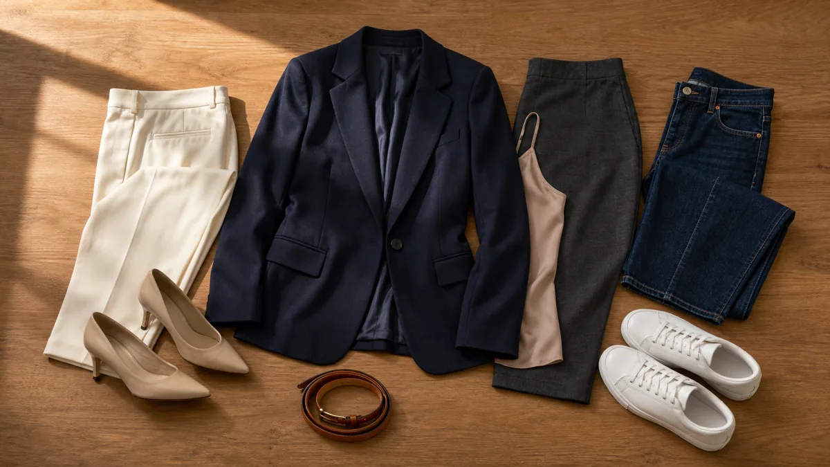 A flat-lay of a navy blazer on a warm oak desk surface surrounded by three outfit pairings including ivory trousers, a charcoal pencil skirt, and dark jeans with coordinating shoes