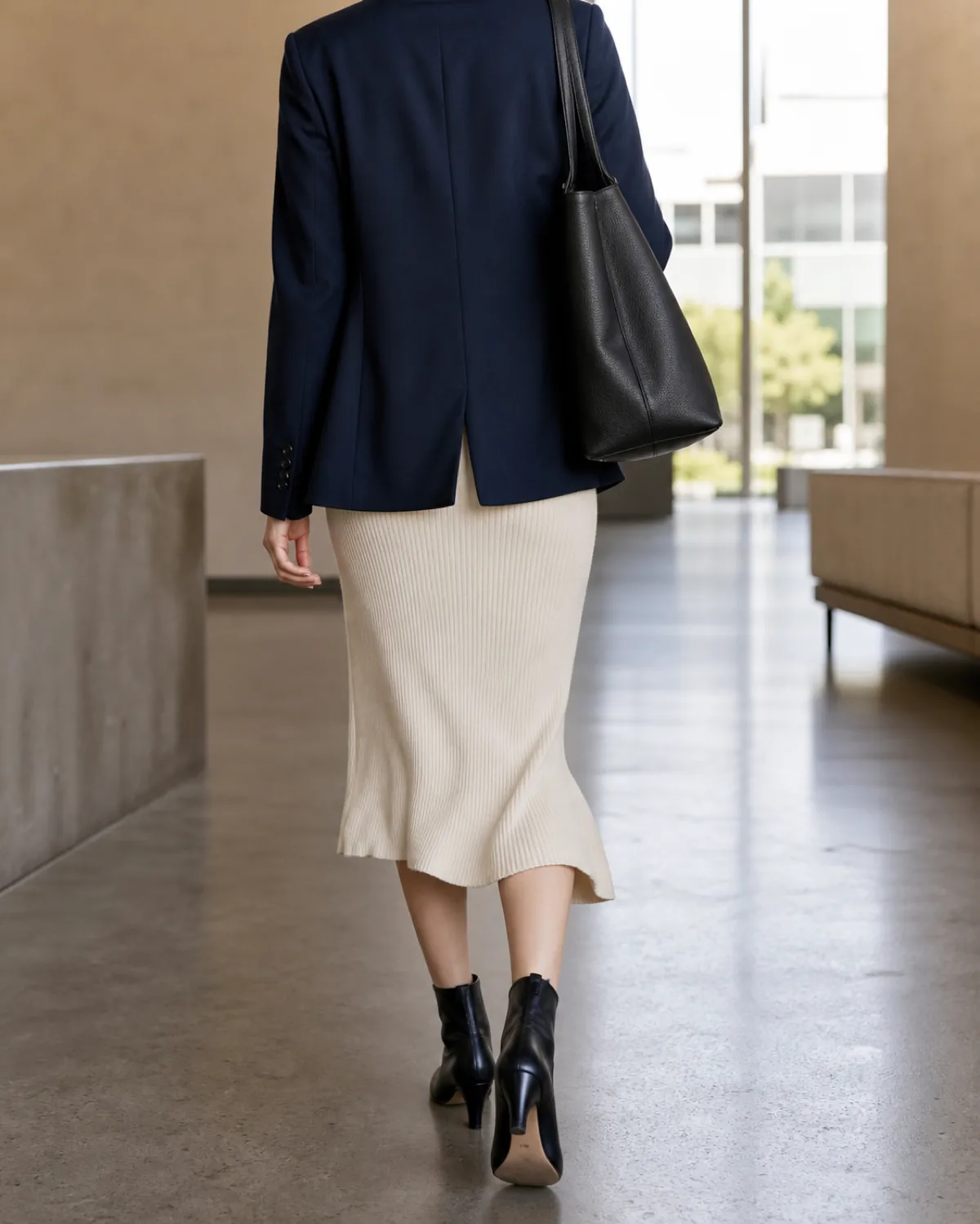 A woman walking away from the camera in a navy blazer over a cream ribbed knit midi skirt with black ankle boots and a black leather shoulder bag