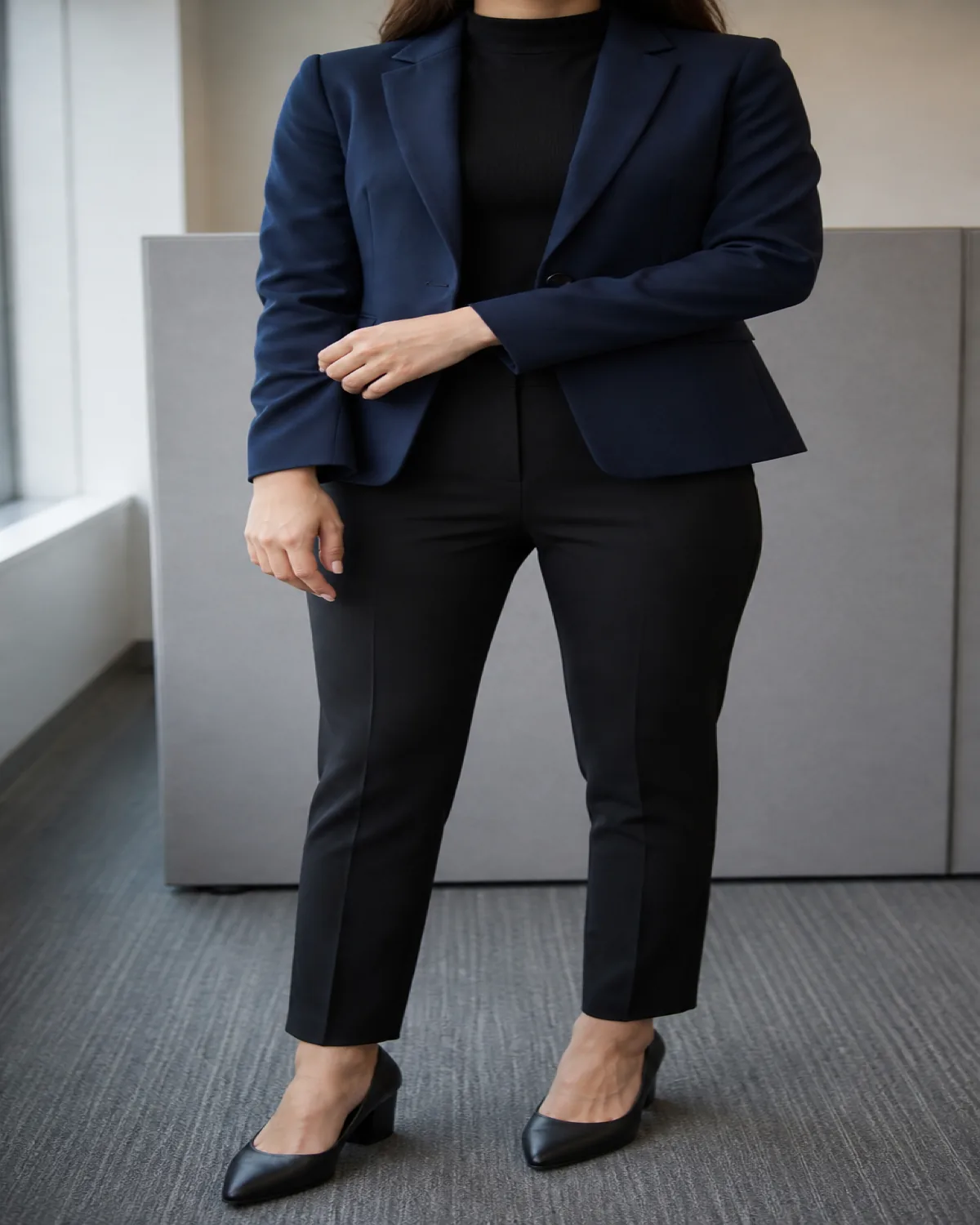 A woman in a navy blazer over a black mock-neck shell with black ponte trousers and black block-heel pumps, adjusting a blazer cuff in an office