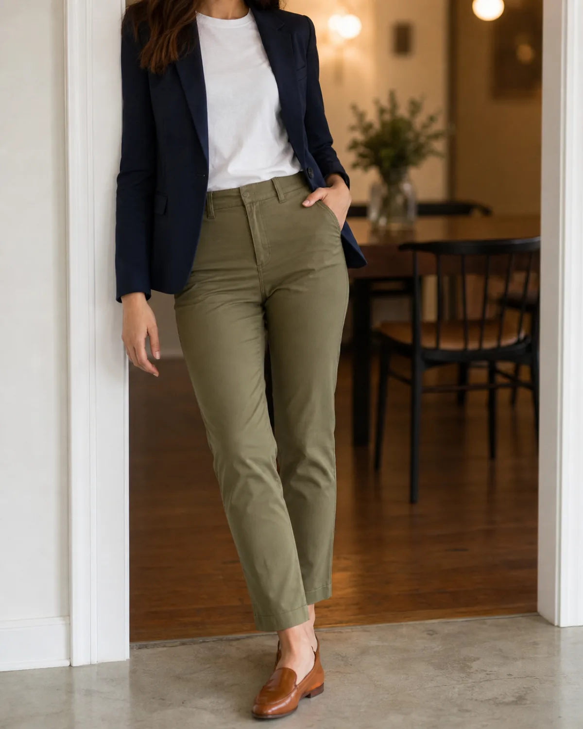 A woman in a navy blazer over a white crew-neck tee tucked into olive chinos with cognac leather loafers, leaning against a white doorway