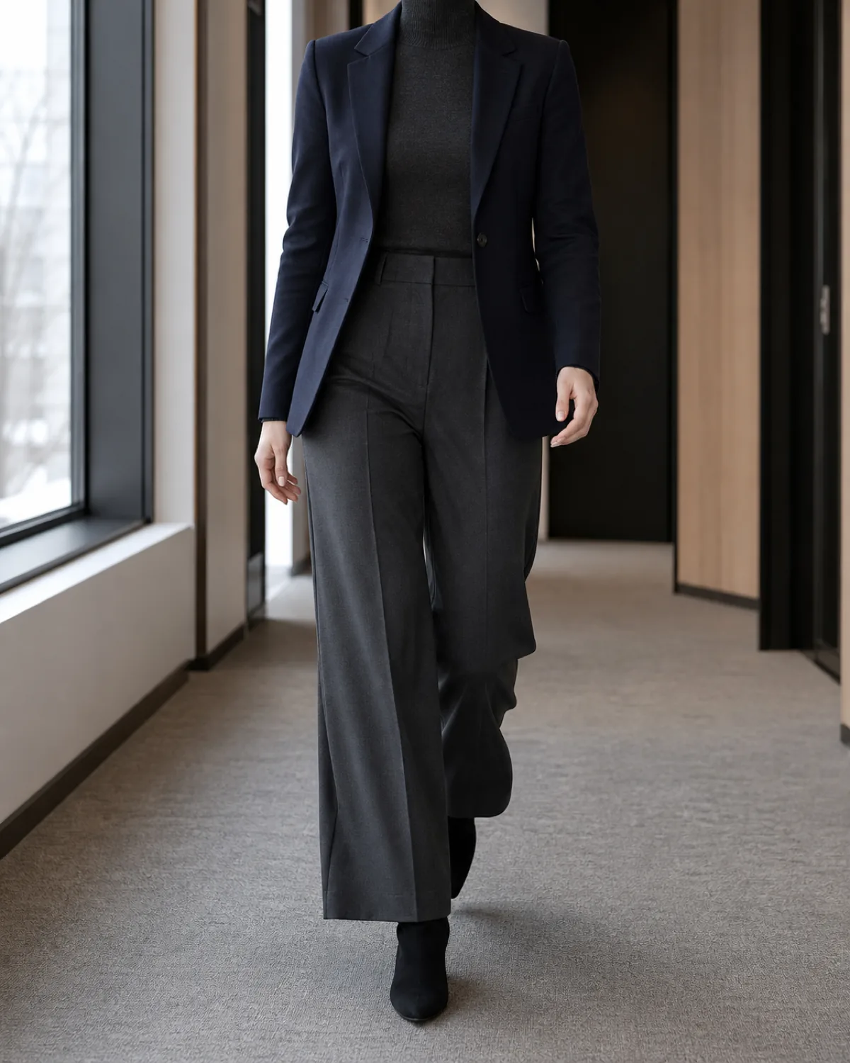 A woman in a navy blazer over a charcoal turtleneck tucked into charcoal wide-leg trousers with black ankle boots, walking through an office corridor