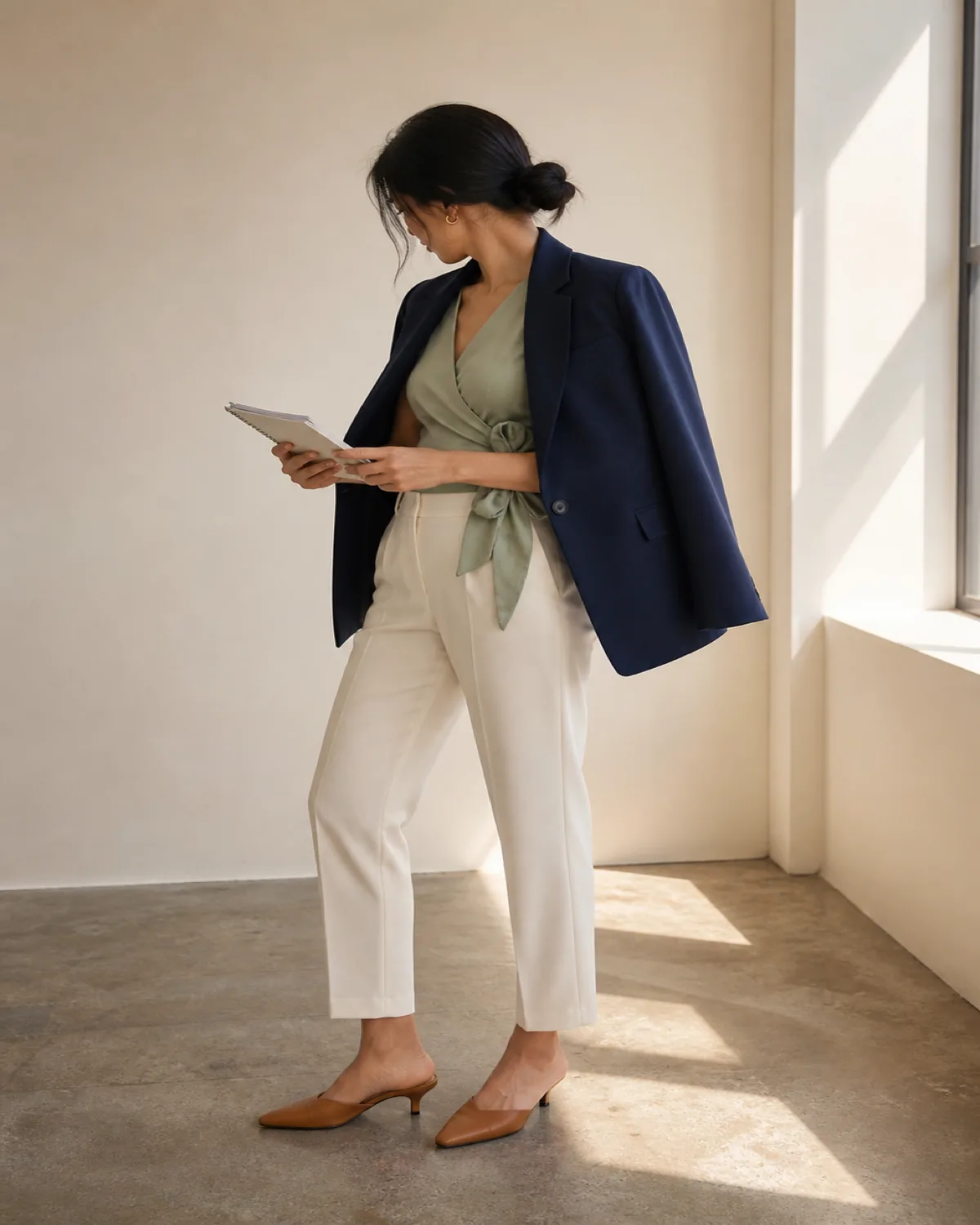 A woman in a navy blazer draped over her shoulders over a sage green wrap top with ivory tailored trousers and tan leather mules, looking down at a notebook