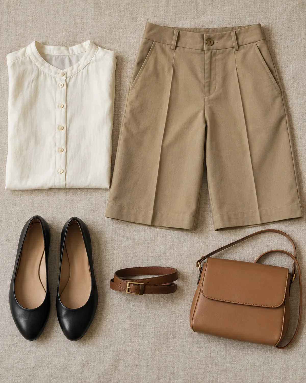 Flat-lay on a linen surface showing an ivory collarless button-front blouse, tan pleated tailored bermuda shorts, black closed-toe ballet flats, a cognac leather belt and a cognac leather crossbody bag