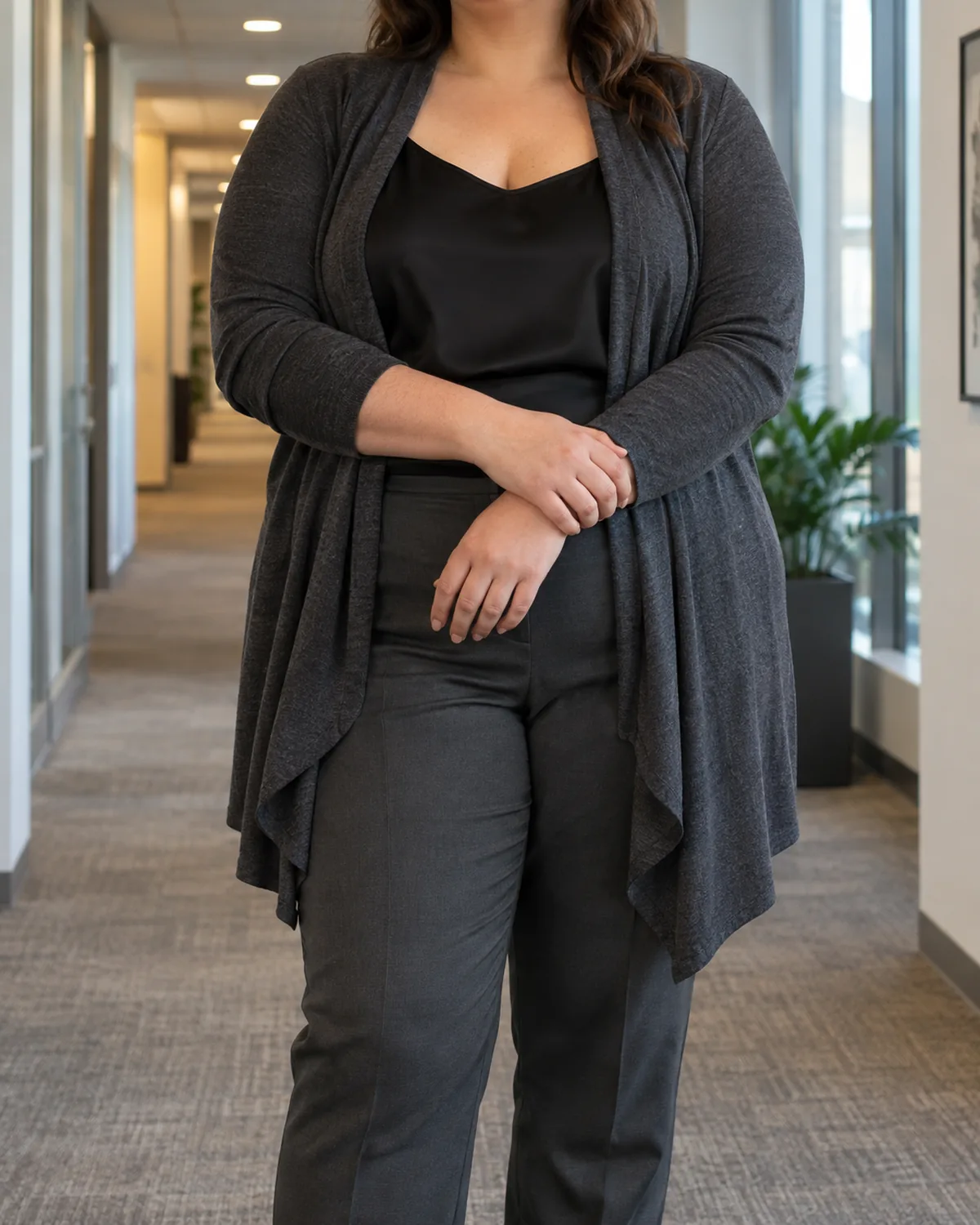 A plus-size woman standing in an office corridor wearing a charcoal draped-front open cardigan over a black satin camisole with charcoal tailored trousers and hands clasped at the waist