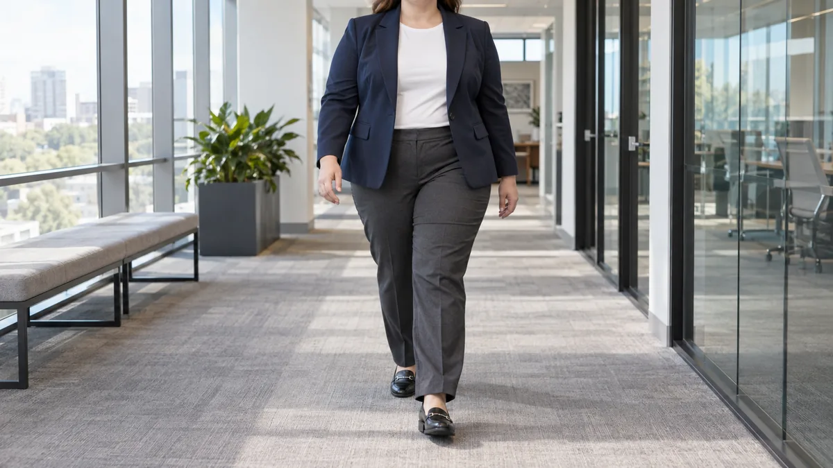 A plus-size woman walking through a modern office hallway wearing a navy single-breasted blazer over a white top with charcoal straight-leg trousers and black bit loafers