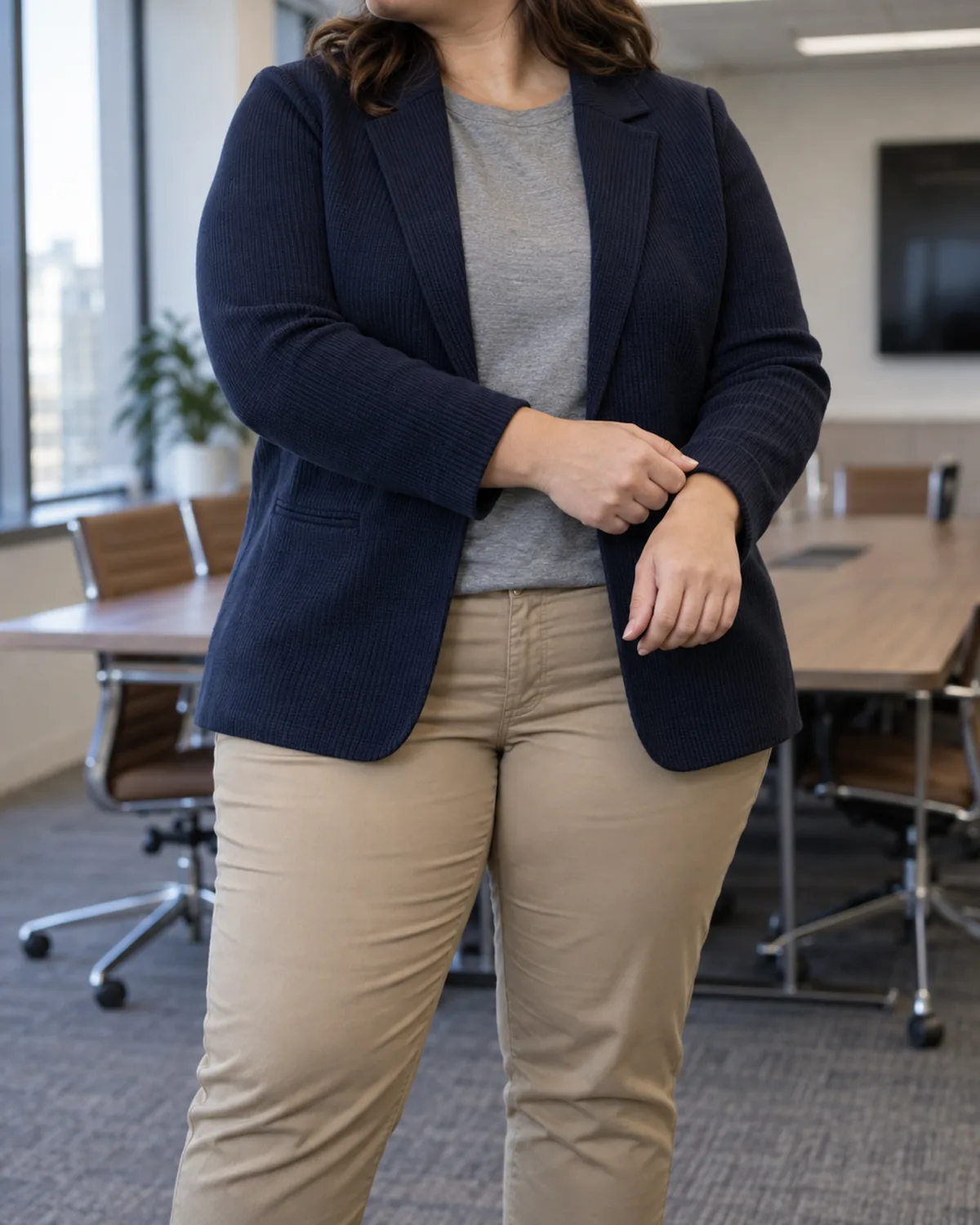 A plus-size woman standing in a conference room wearing a navy ribbed knit blazer over a grey crew-neck top with tan chinos and hands clasped at the waist