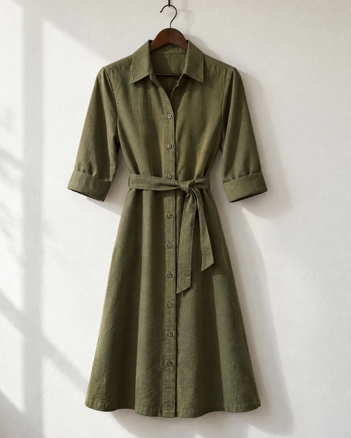 An olive green structured cotton shirt dress with a pointed collar and button-front placket hanging on a wooden hanger against a white wall with a self-belt tied at the waist and three-quarter sleeves rolled at the cuff