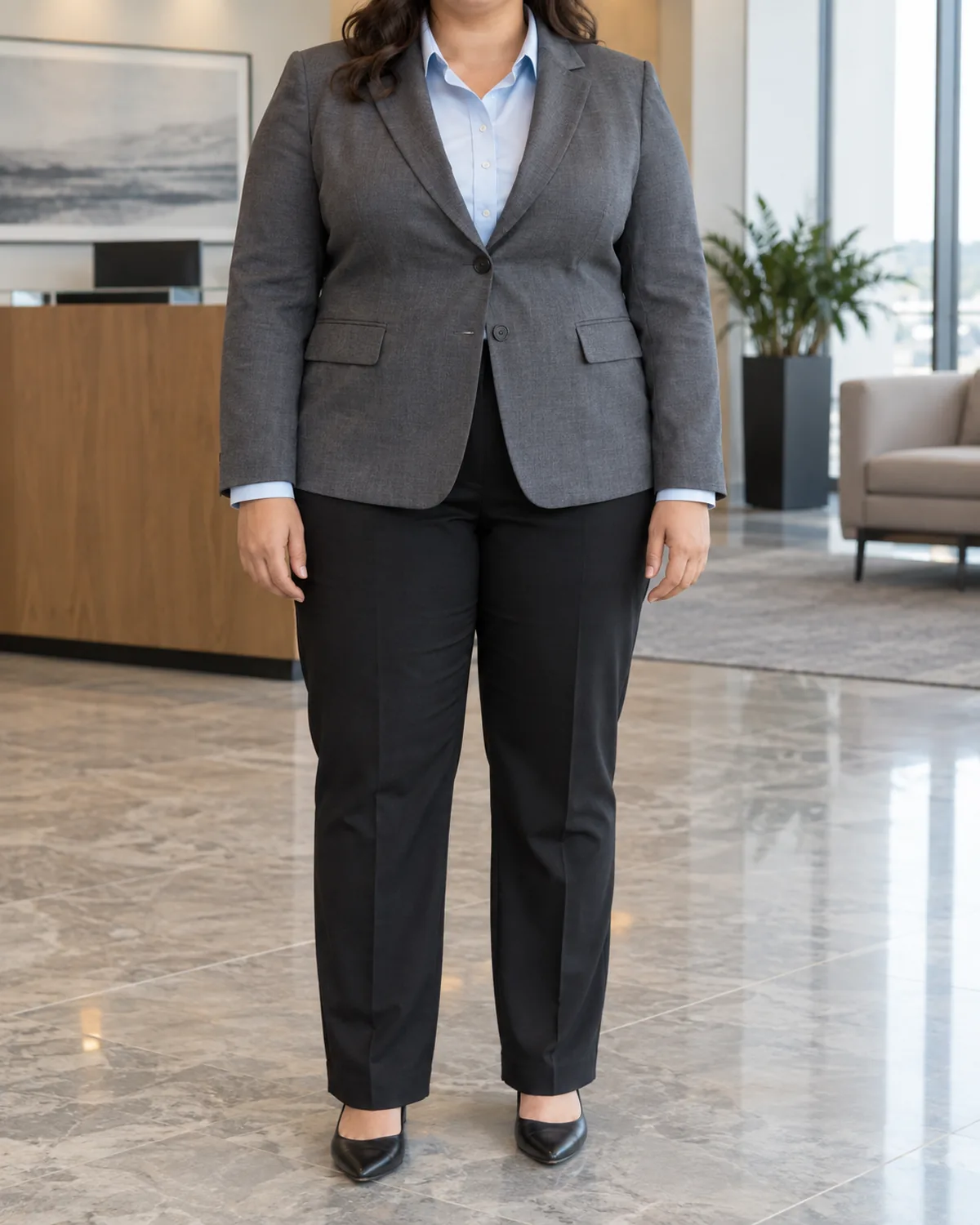 A plus-size woman standing in an office lobby wearing a grey single-breasted blazer over a light blue button-front shirt with black straight-leg trousers and black pointed-toe flats