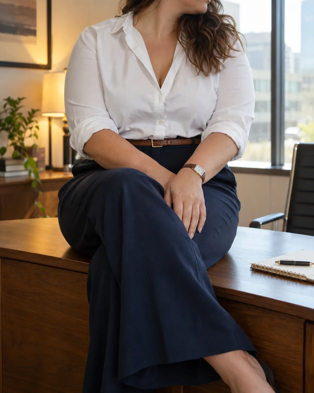 A plus-size woman seated on the edge of a wooden desk with hands clasped on her lap wearing a white button-front shirt with sleeves rolled up tucked into navy wide-leg trousers with a brown leather belt and a square-face watch