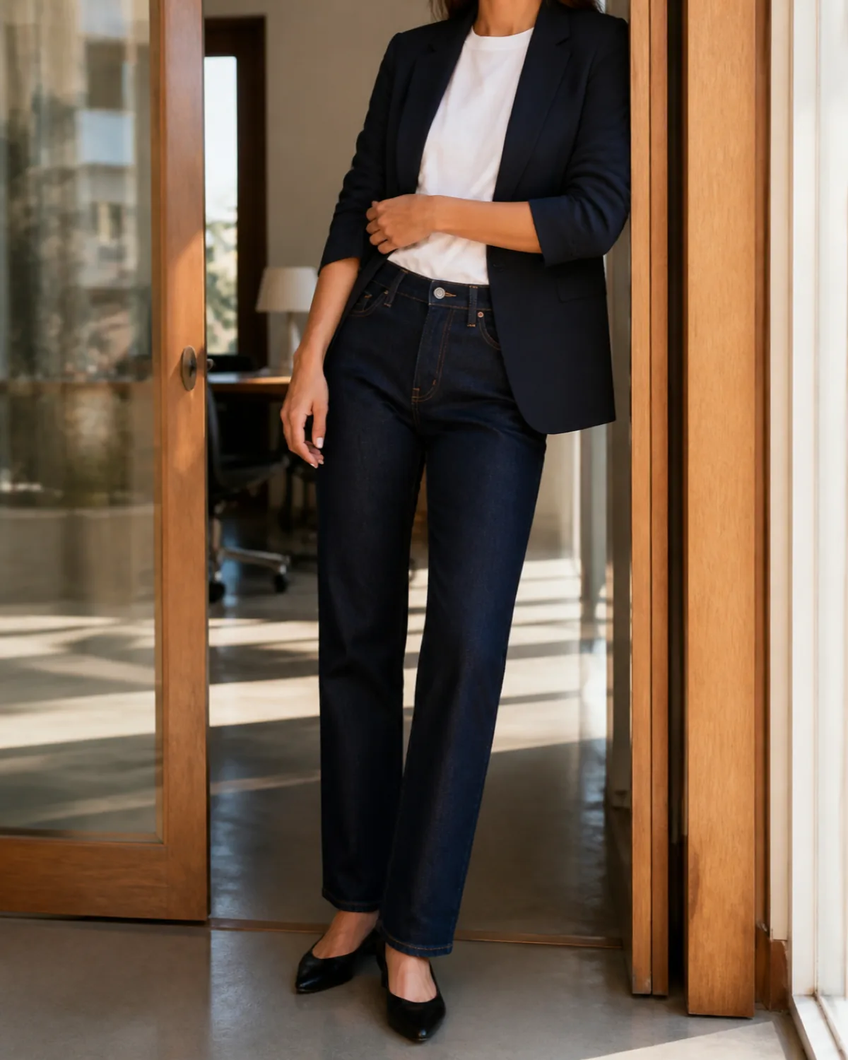 A woman leaning against a wooden office doorway in a navy blazer over a white crew-neck tee with dark indigo straight-leg jeans and black kitten-heel pumps