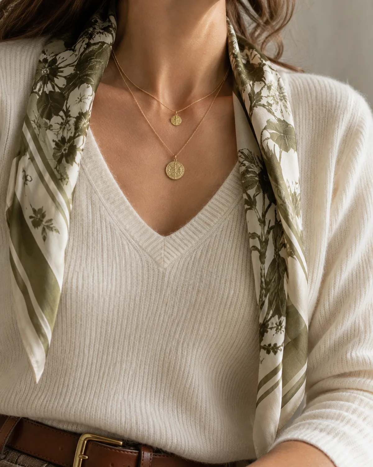 Close crop on the collar and shoulder area of a woman wearing a cream knit top with a patterned silk scarf in olive and cream draped around the neck and a layered gold pendant necklace with a cognac leather belt visible at the bottom