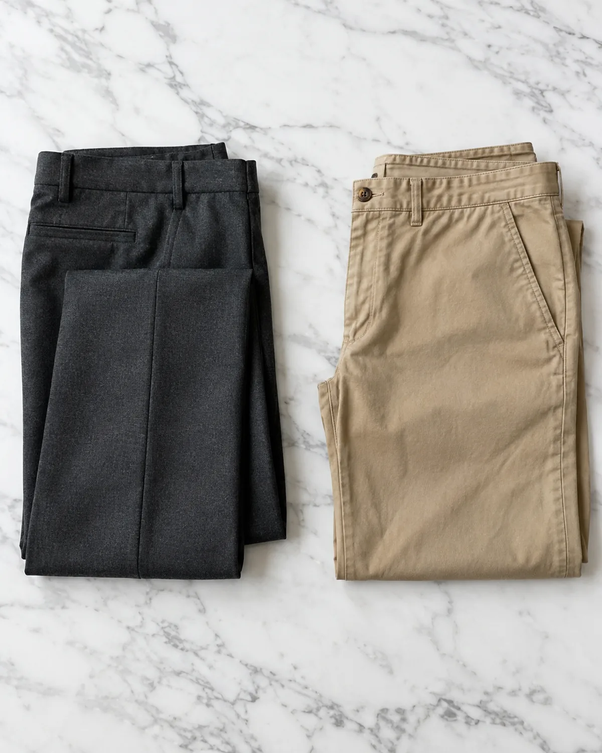 Overhead flat-lay on a white marble surface showing a folded charcoal wool-crepe trouser with a pressed crease on the left and a folded khaki cotton chino with a softer relaxed texture on the right