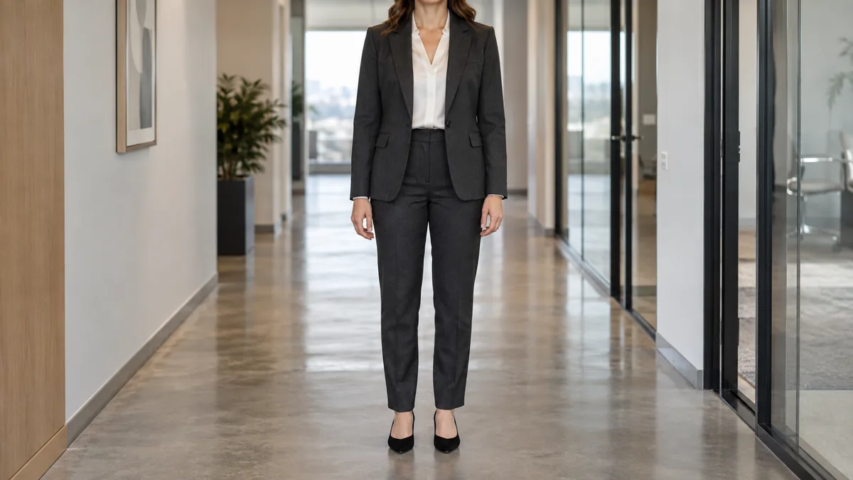 A woman standing straight-on in a modern office corridor wearing a dark charcoal single-breasted blazer over a white silk blouse with matching charcoal tailored trousers and black pointed-toe flats