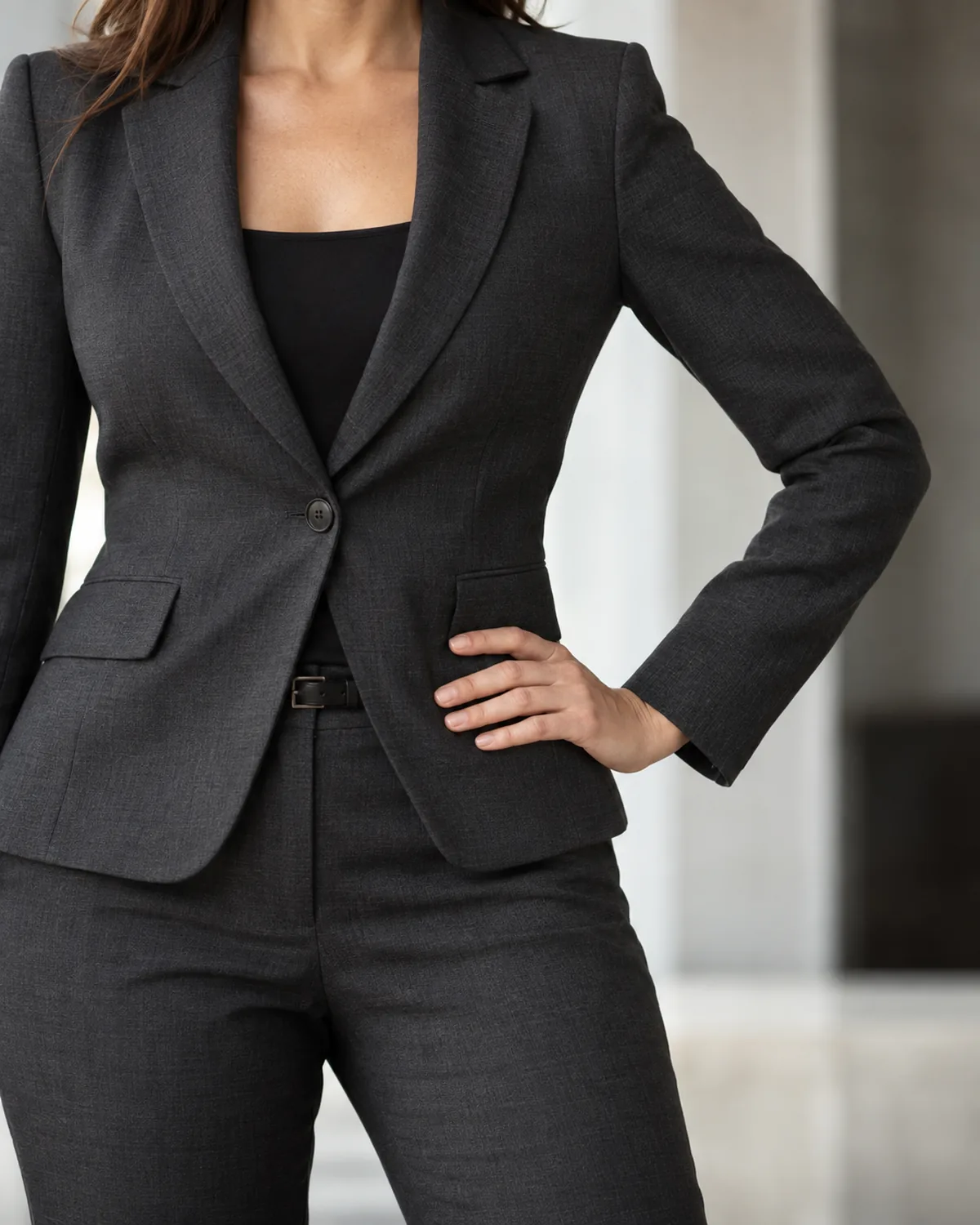 Close crop from mid-chest to upper thigh of a woman wearing a dark charcoal blazer with matching charcoal trousers in the same fabric with a thin dark leather belt at the waist
