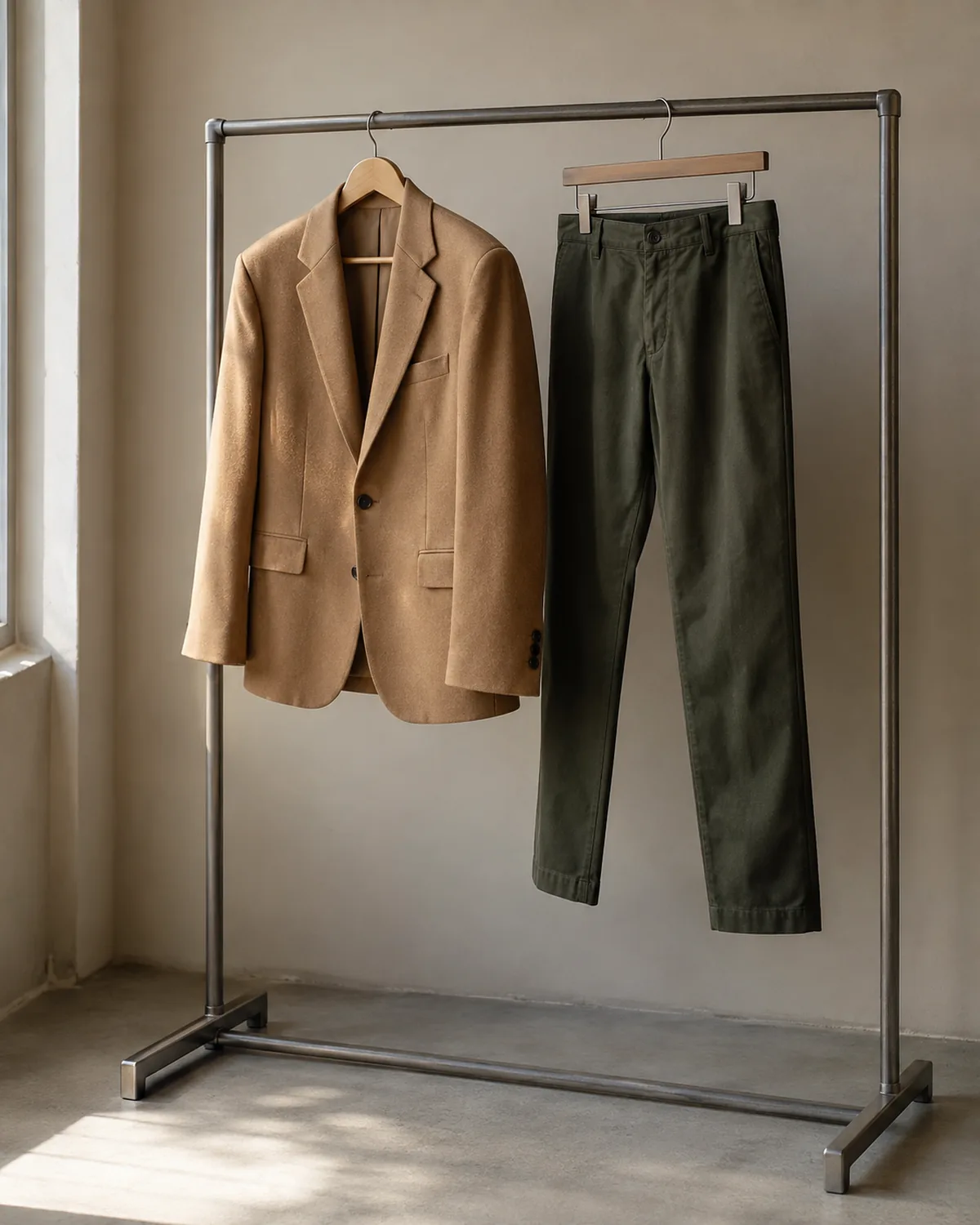A camel-coloured blazer and a pair of dark olive chinos hanging on separate hangers on a metal clothing rail against a warm grey wall showing intentionally unmatched separates