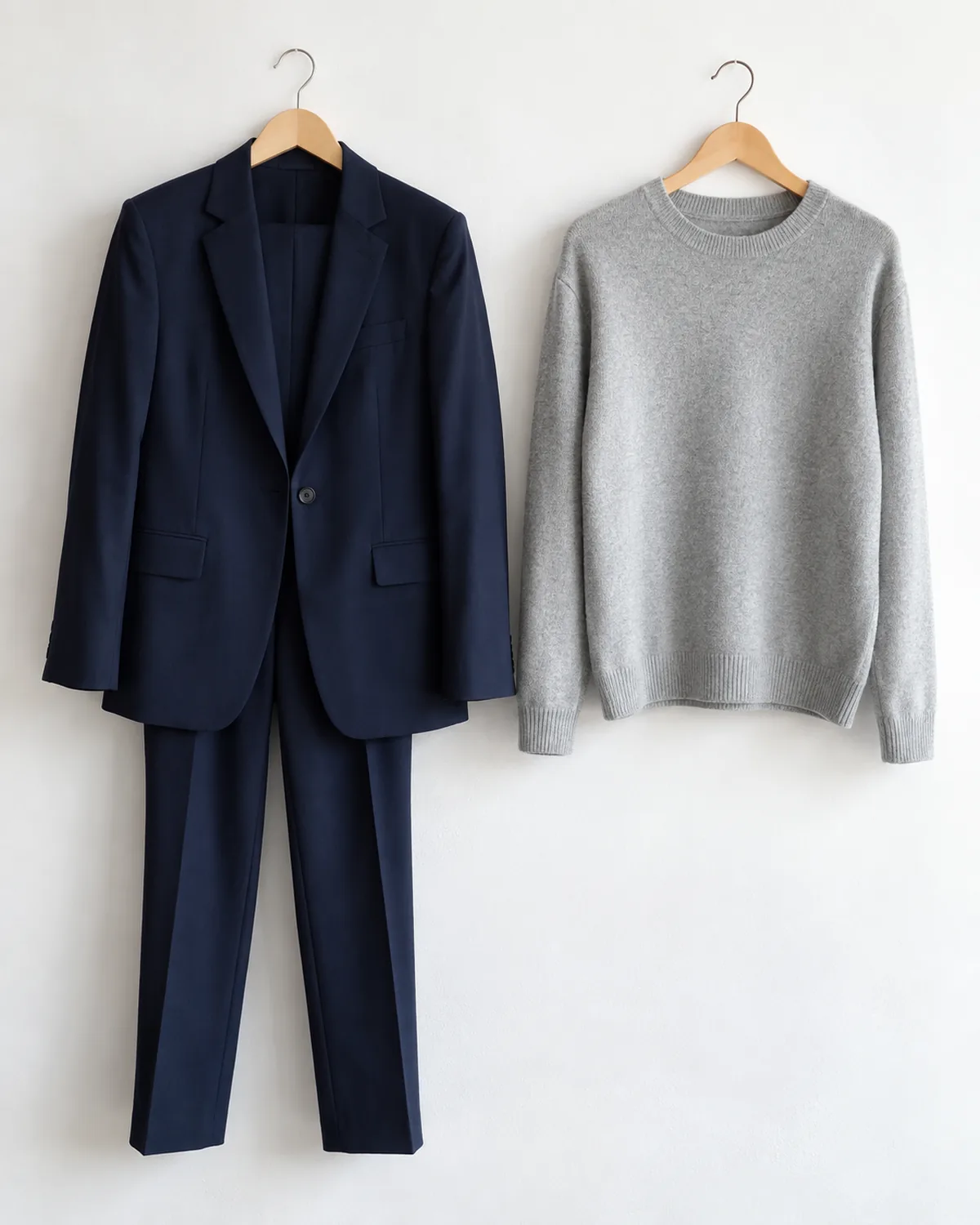 A dark navy single-breasted blazer paired with matching navy tailored trousers hanging on a wooden hanger against a white wall next to a light grey knit sweater on a second hanger