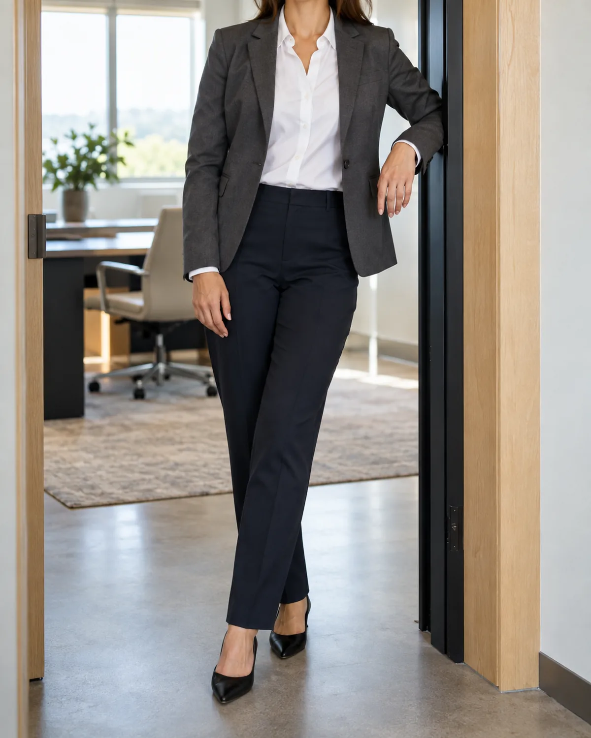 A woman standing in a doorway of a modern office leaning lightly against the door frame wearing a dark grey structured blazer over a white cotton shirt with dark navy tailored trousers and black pointed-toe heels