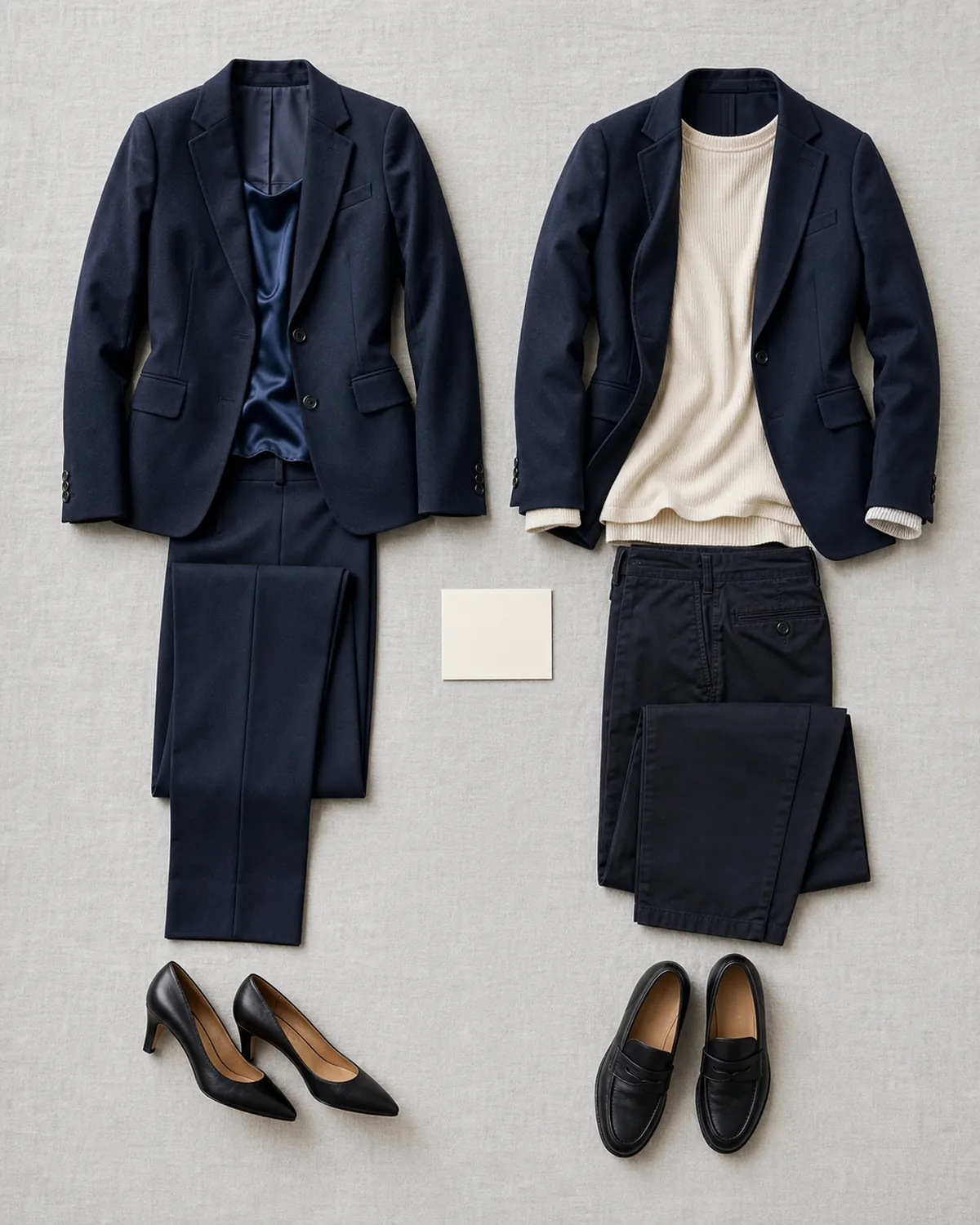 Overhead flat-lay of two outfits side by side on a light grey linen surface: left is a matched navy suit with a silk shell and mid-heel pumps, right is the same blazer opened casually over a cream knit, dark chinos and leather loafers