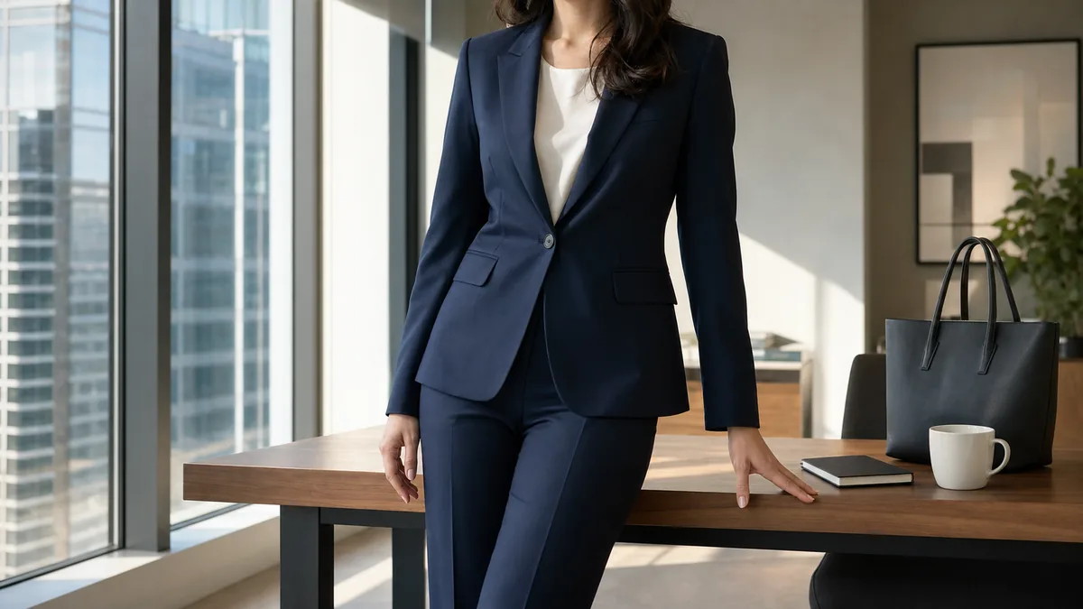 A woman in a navy single-breasted pantsuit and ivory silk shell standing beside a desk in a corner office with floor-to-ceiling windows