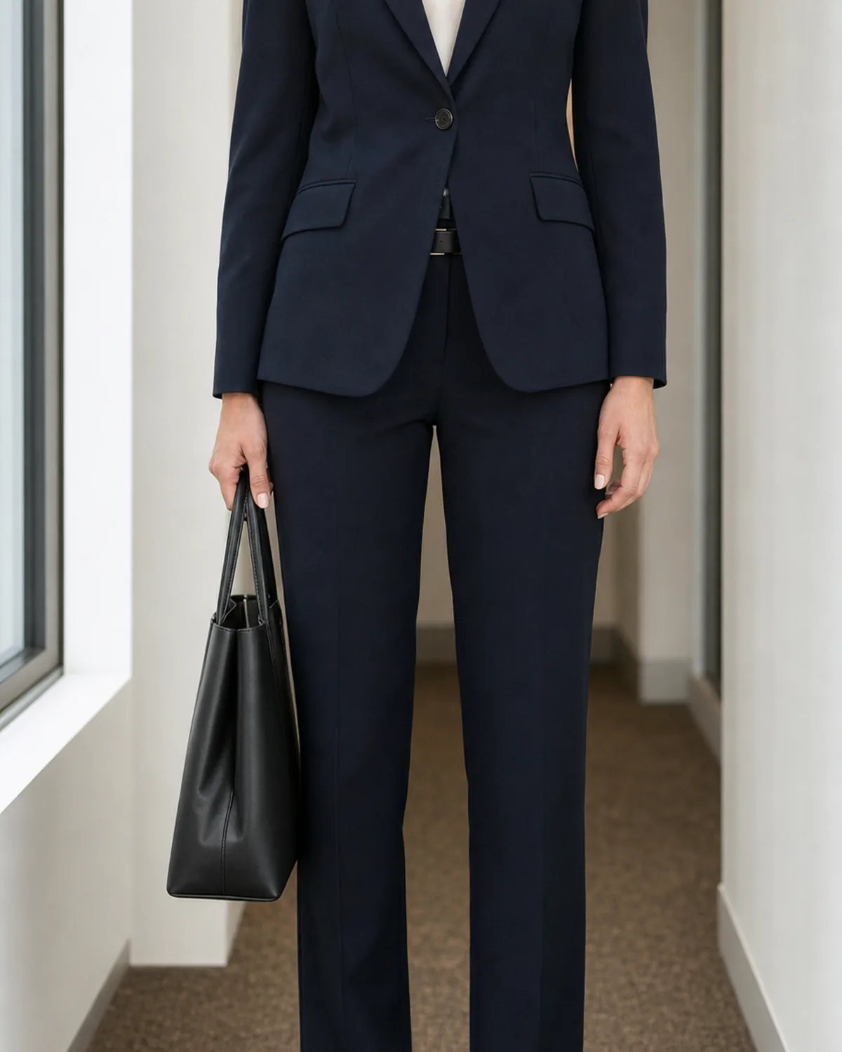 A woman standing in a narrow hallway wearing a navy single-breasted pantsuit with an ivory silk shell, black leather flats and a structured black tote